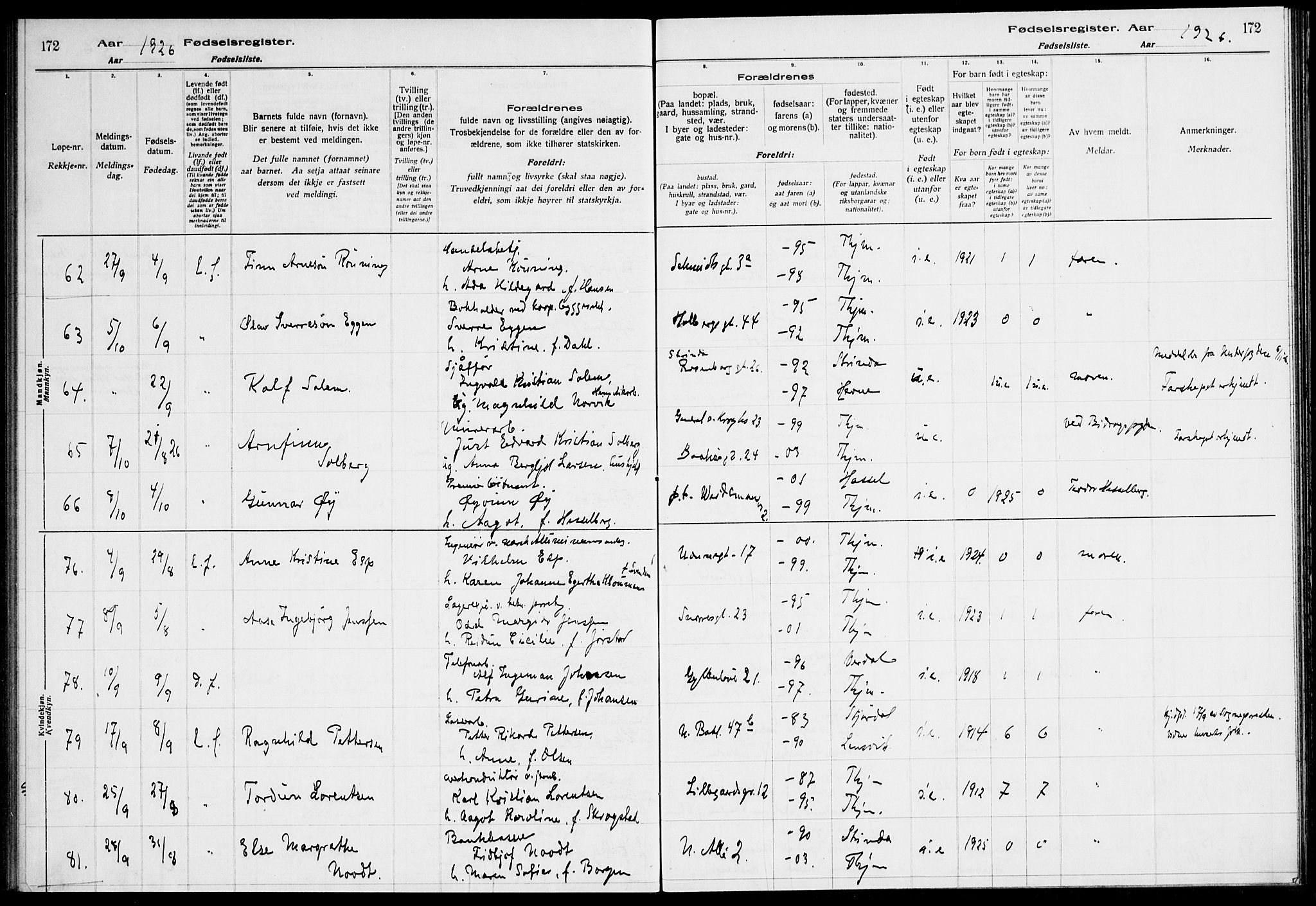 Ministerialprotokoller, klokkerbøker og fødselsregistre - Sør-Trøndelag, AV/SAT-A-1456/604/L0233: Fødselsregister nr. 604.II.4.2, 1920-1928, s. 172