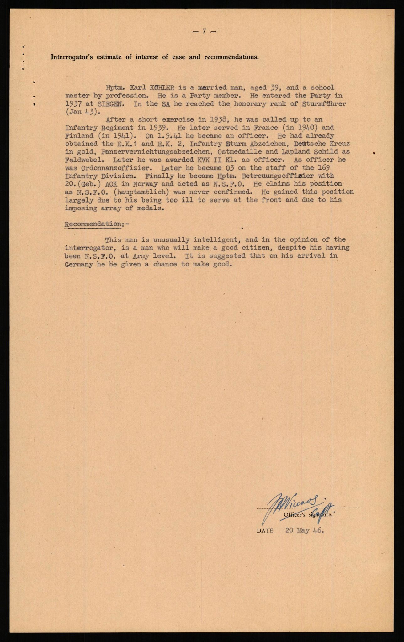 Forsvaret, Forsvarets overkommando II, AV/RA-RAFA-3915/D/Db/L0019: CI Questionaires. Tyske okkupasjonsstyrker i Norge. Tyskere., 1945-1946, s. 172