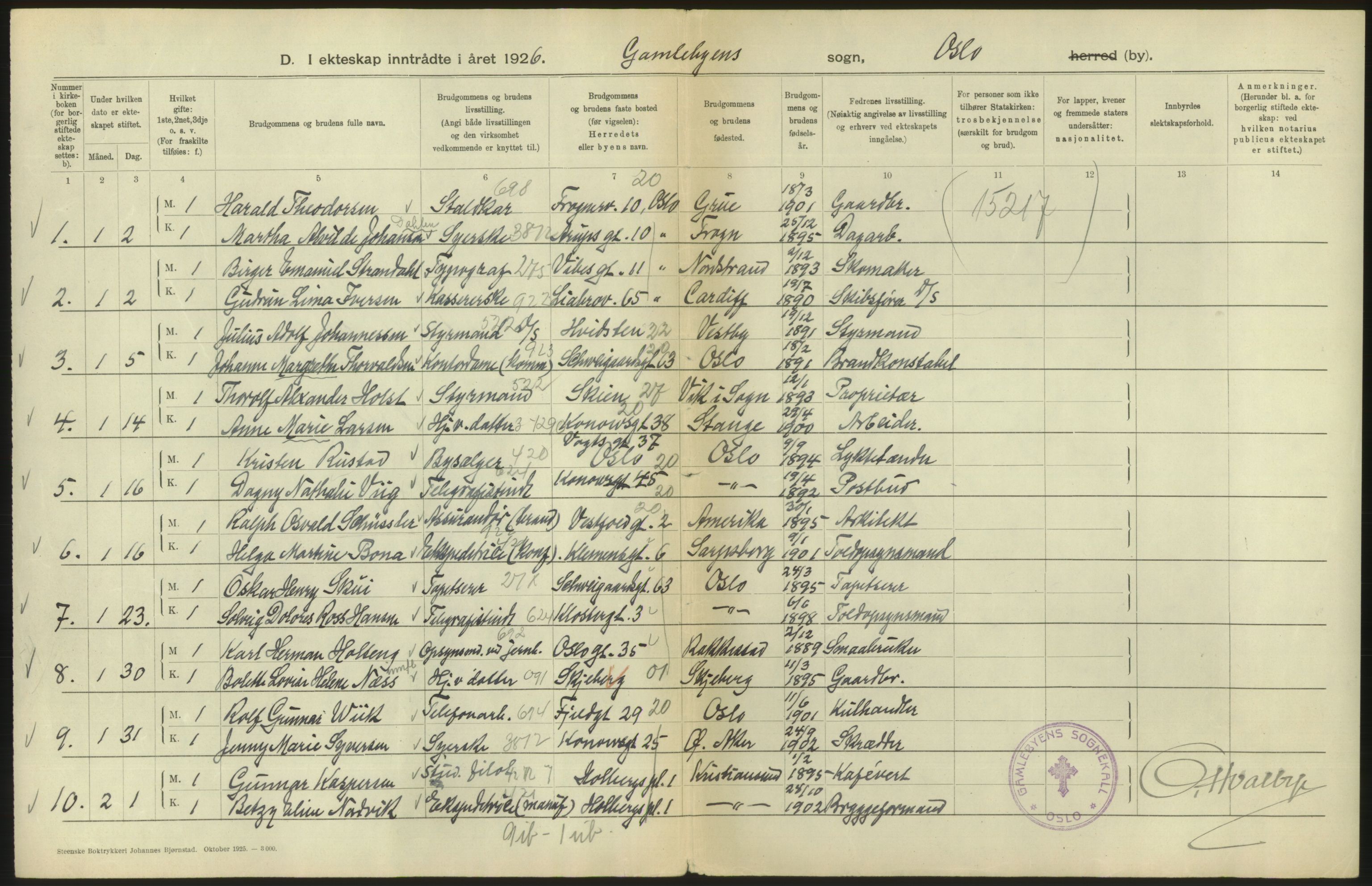 Statistisk sentralbyrå, Sosiodemografiske emner, Befolkning, AV/RA-S-2228/D/Df/Dfc/Dfcf/L0008: Oslo: Gifte, 1926, s. 494