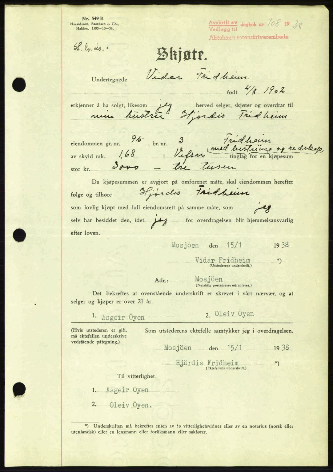 Alstahaug sorenskriveri, SAT/A-1009: Pantebok nr. A3, 1937-1938, Dagboknr: 108/1938