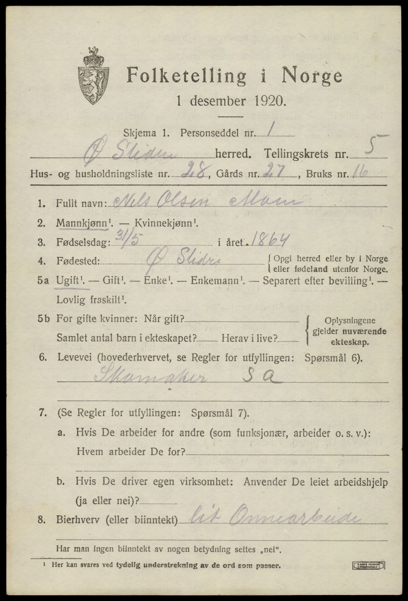 SAH, Folketelling 1920 for 0544 Øystre Slidre herred, 1920, s. 3155