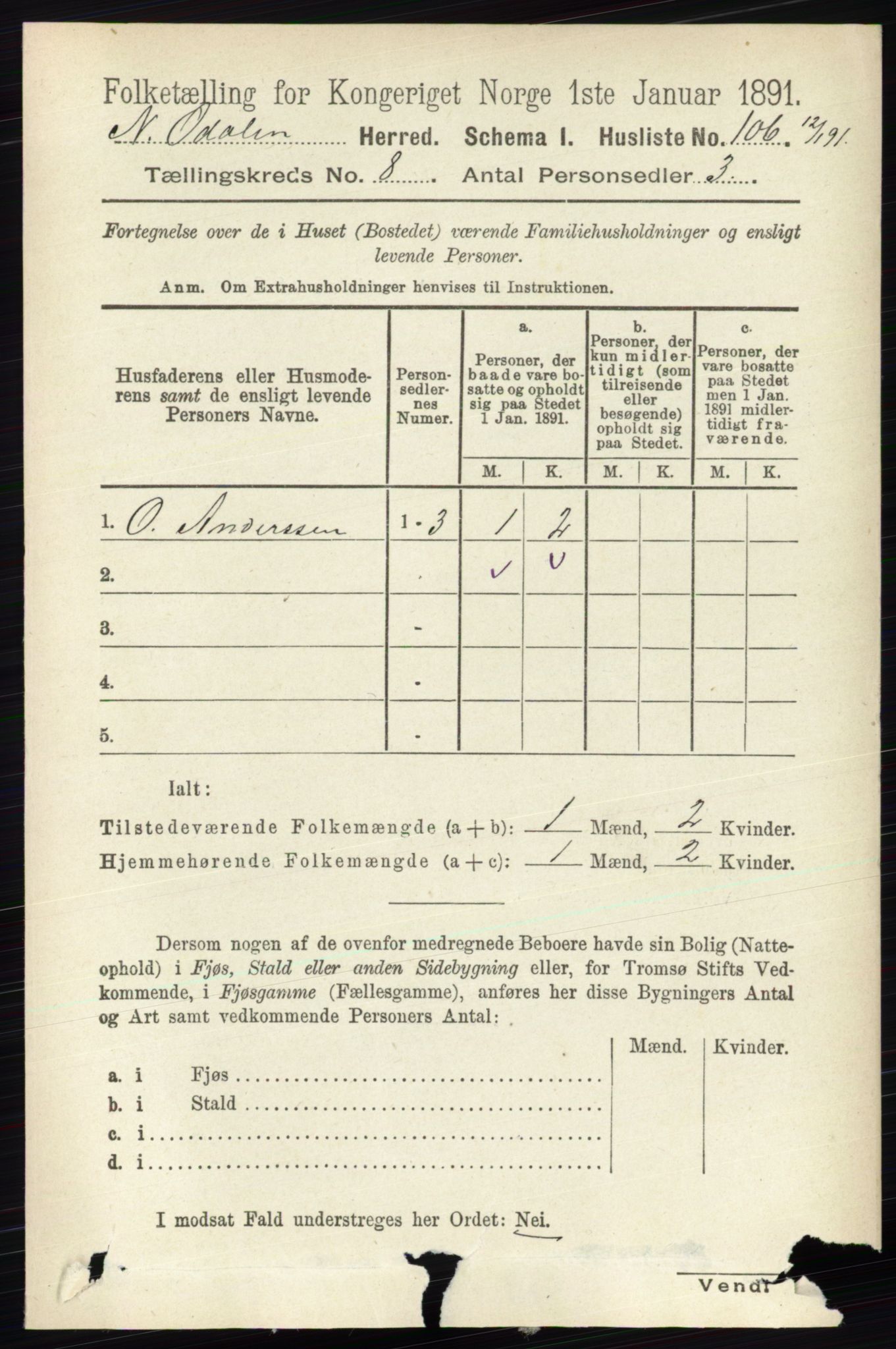 RA, Folketelling 1891 for 0418 Nord-Odal herred, 1891, s. 3291