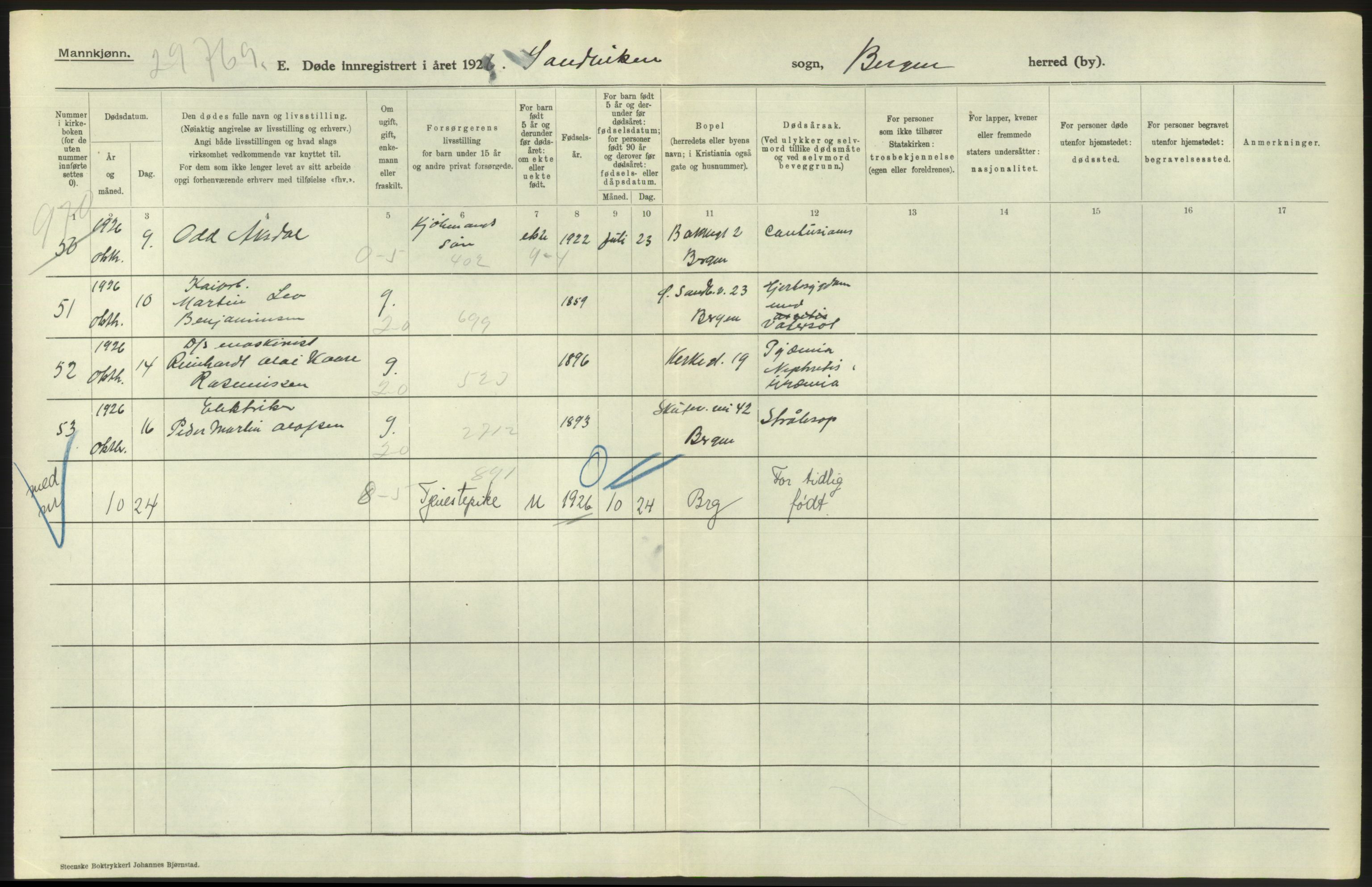 Statistisk sentralbyrå, Sosiodemografiske emner, Befolkning, RA/S-2228/D/Df/Dfc/Dfcf/L0028: Bergen: Gifte, døde, dødfødte., 1926, s. 720