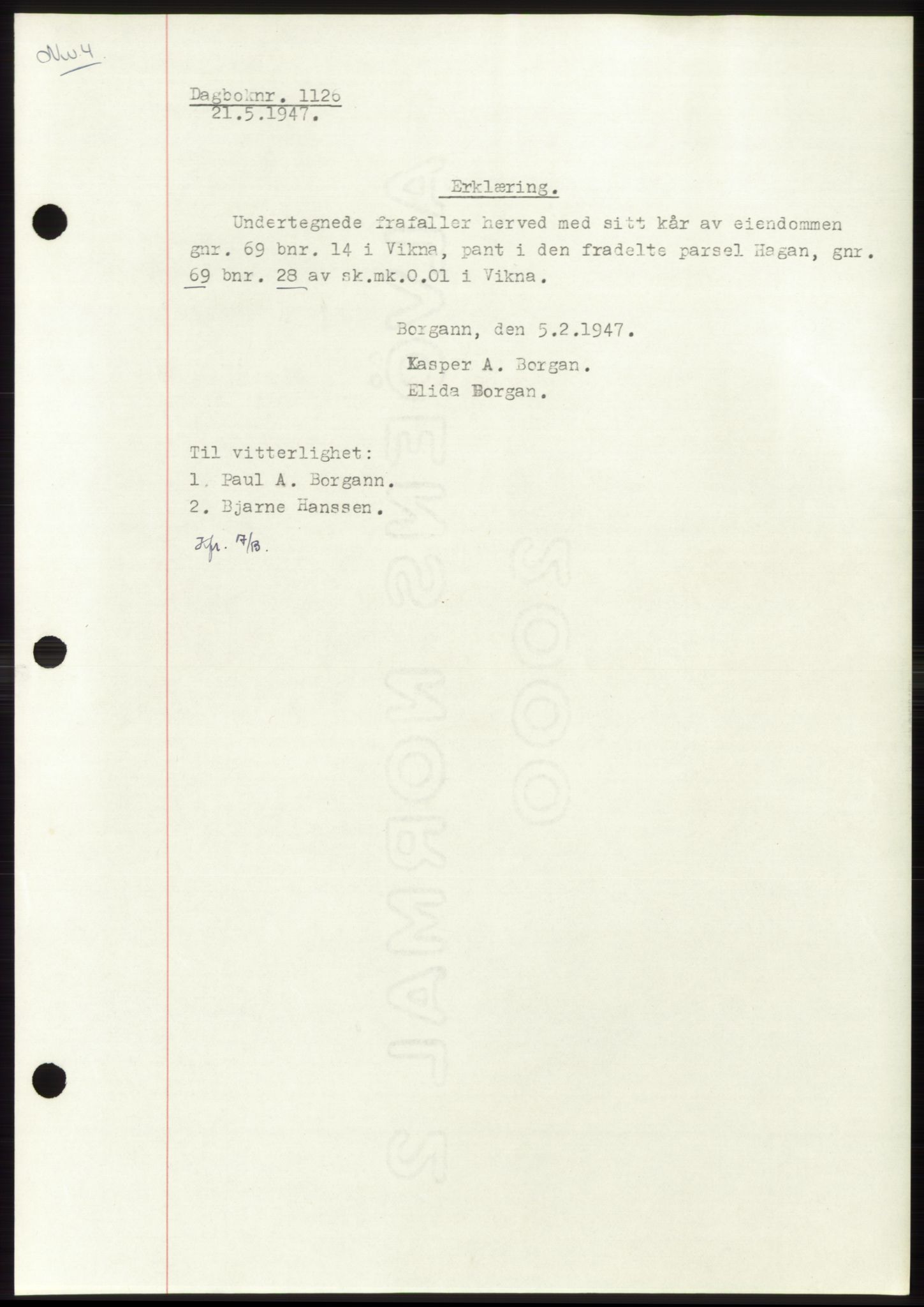 Namdal sorenskriveri, SAT/A-4133/1/2/2C: Pantebok nr. -, 1947-1947, Dagboknr: 1126/1947