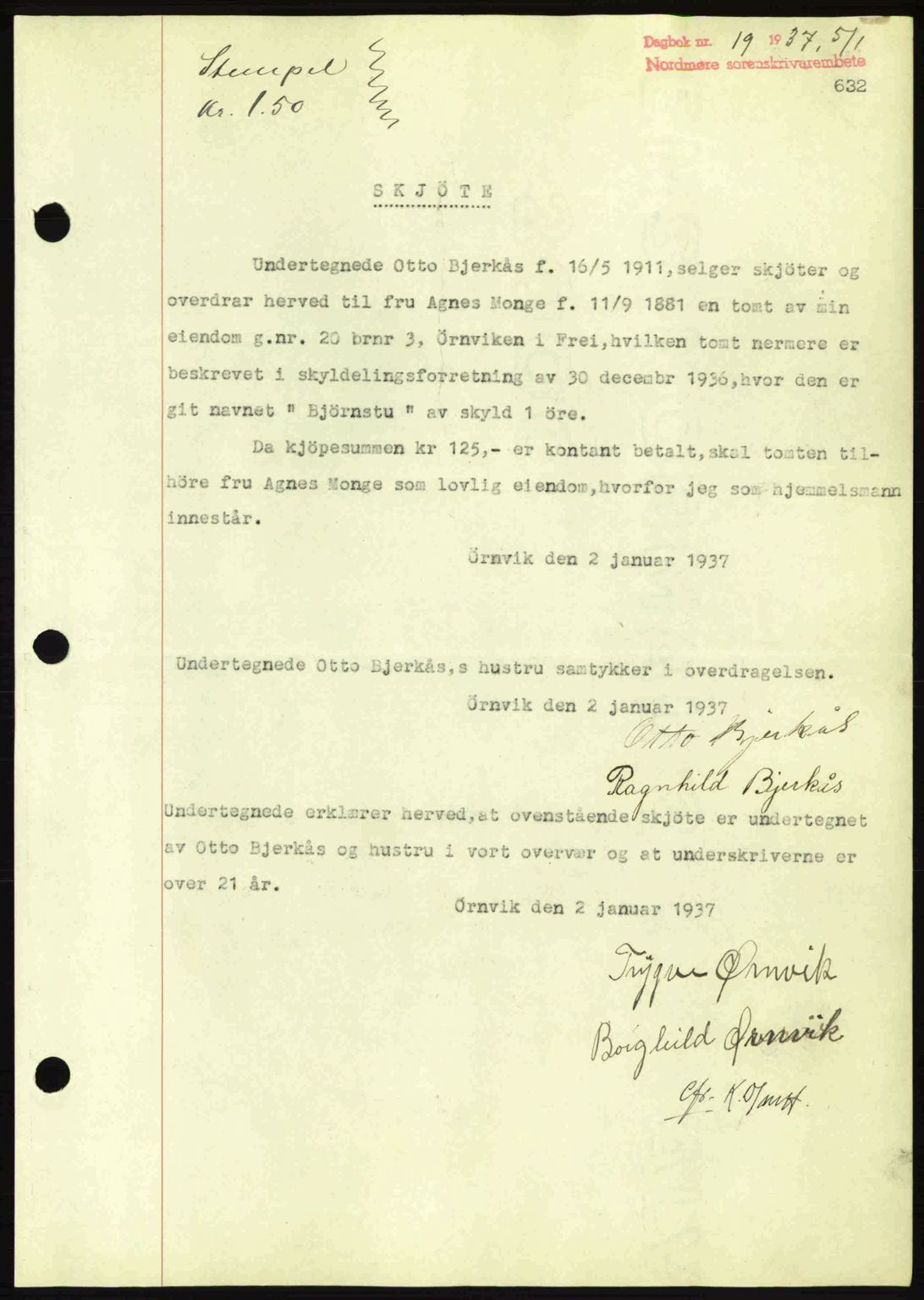Nordmøre sorenskriveri, SAT/A-4132/1/2/2Ca: Pantebok nr. A80, 1936-1937, Dagboknr: 19/1937
