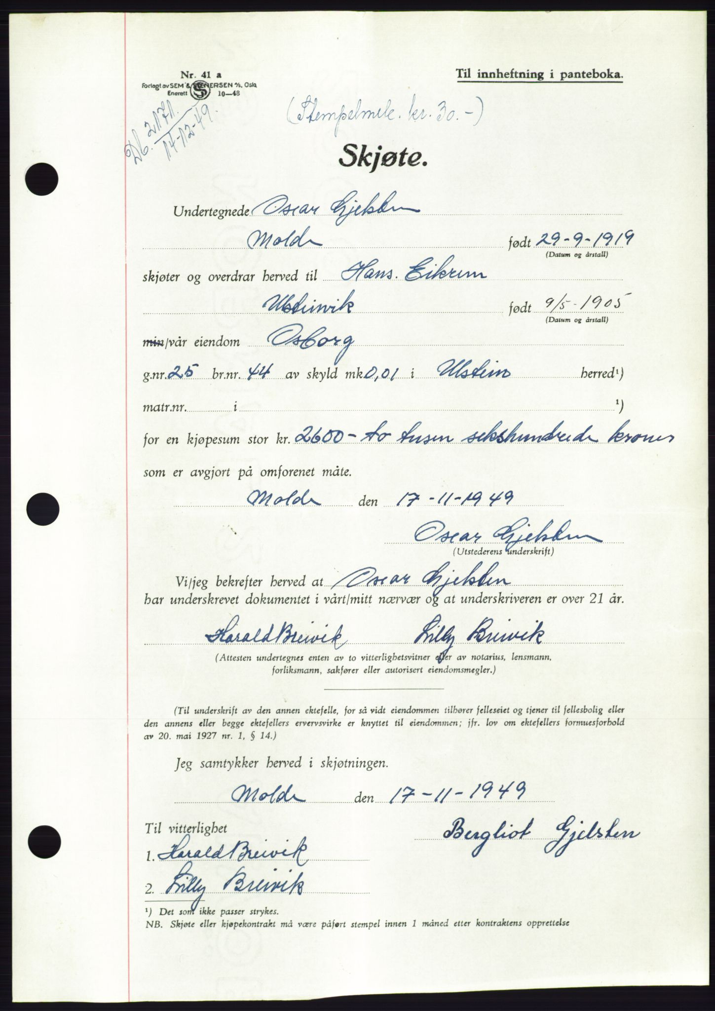 Søre Sunnmøre sorenskriveri, AV/SAT-A-4122/1/2/2C/L0085: Pantebok nr. 11A, 1949-1949, Dagboknr: 2171/1949