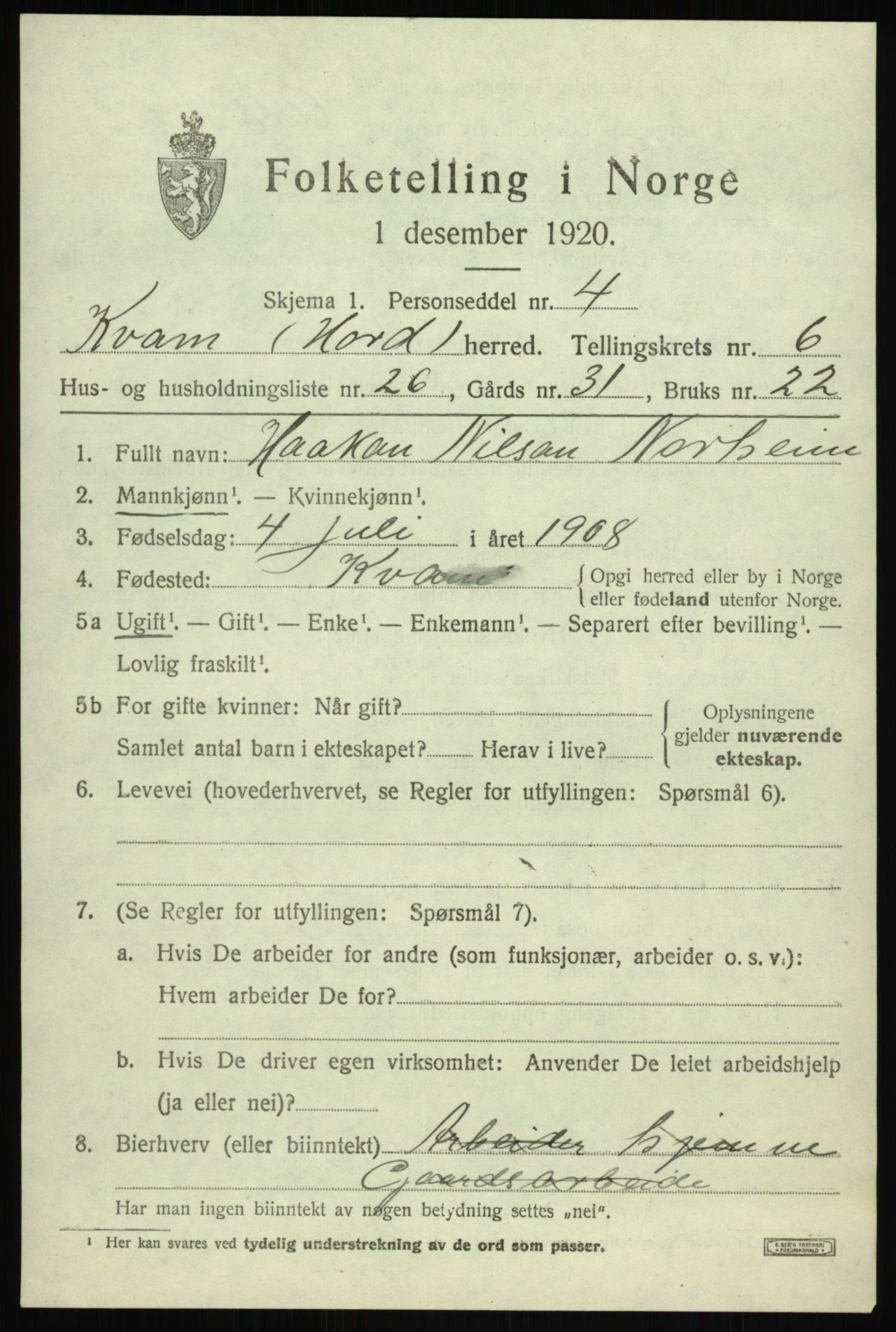 SAB, Folketelling 1920 for 1238 Kvam herred, 1920, s. 4665