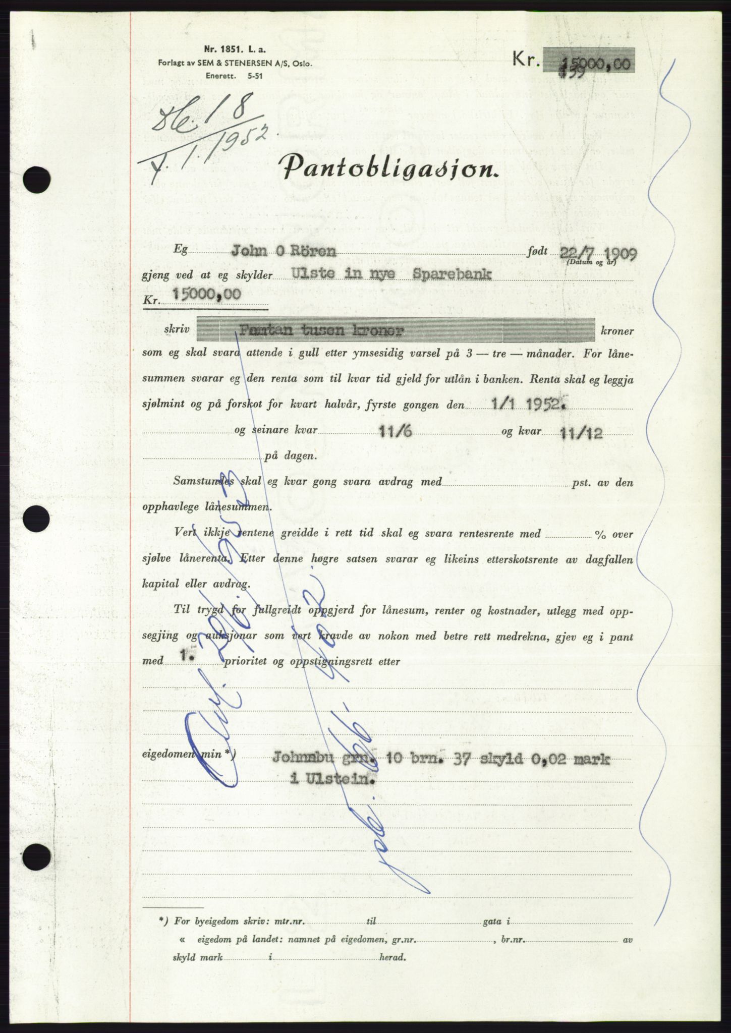 Søre Sunnmøre sorenskriveri, AV/SAT-A-4122/1/2/2C/L0121: Pantebok nr. 9B, 1951-1952, Dagboknr: 18/1952