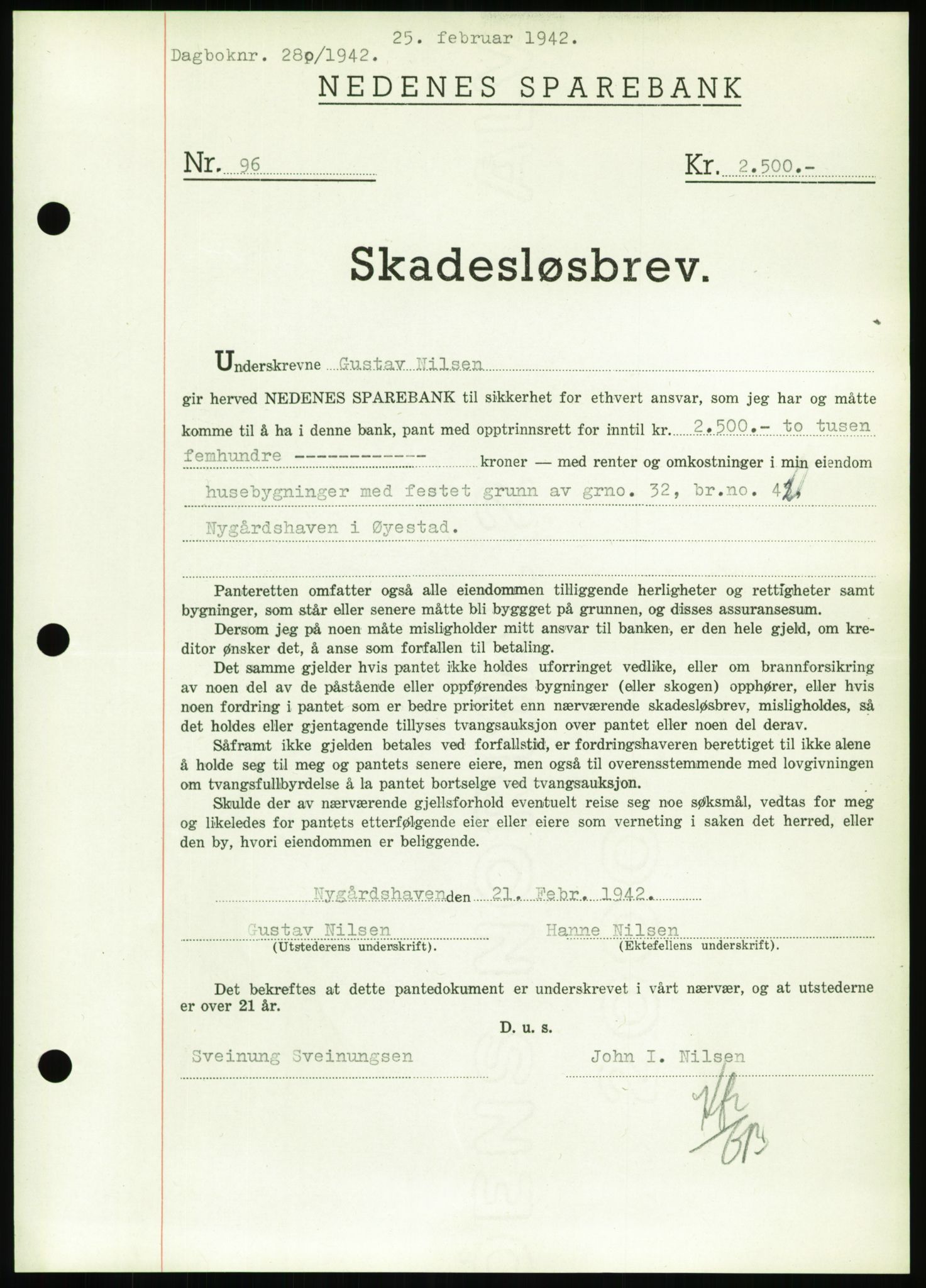 Nedenes sorenskriveri, SAK/1221-0006/G/Gb/Gbb/L0001: Pantebok nr. I, 1939-1942, Dagboknr: 280/1942