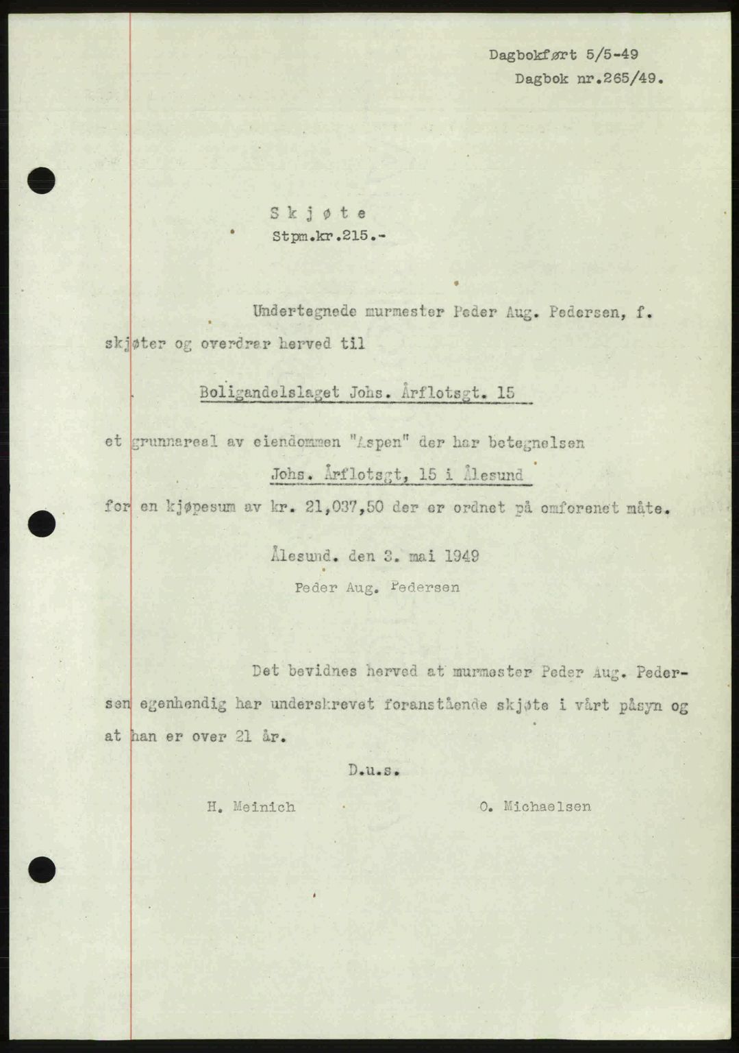 Ålesund byfogd, AV/SAT-A-4384: Pantebok nr. 37A (1), 1947-1949, Dagboknr: 265/1949