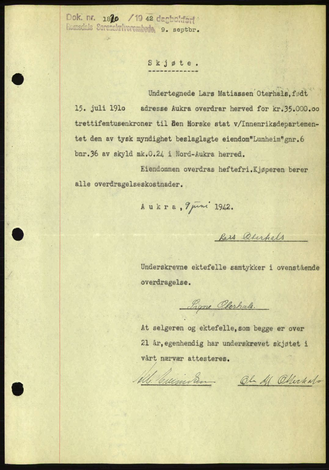 Romsdal sorenskriveri, SAT/A-4149/1/2/2C: Pantebok nr. A12, 1942-1942, Dagboknr: 1820/1942