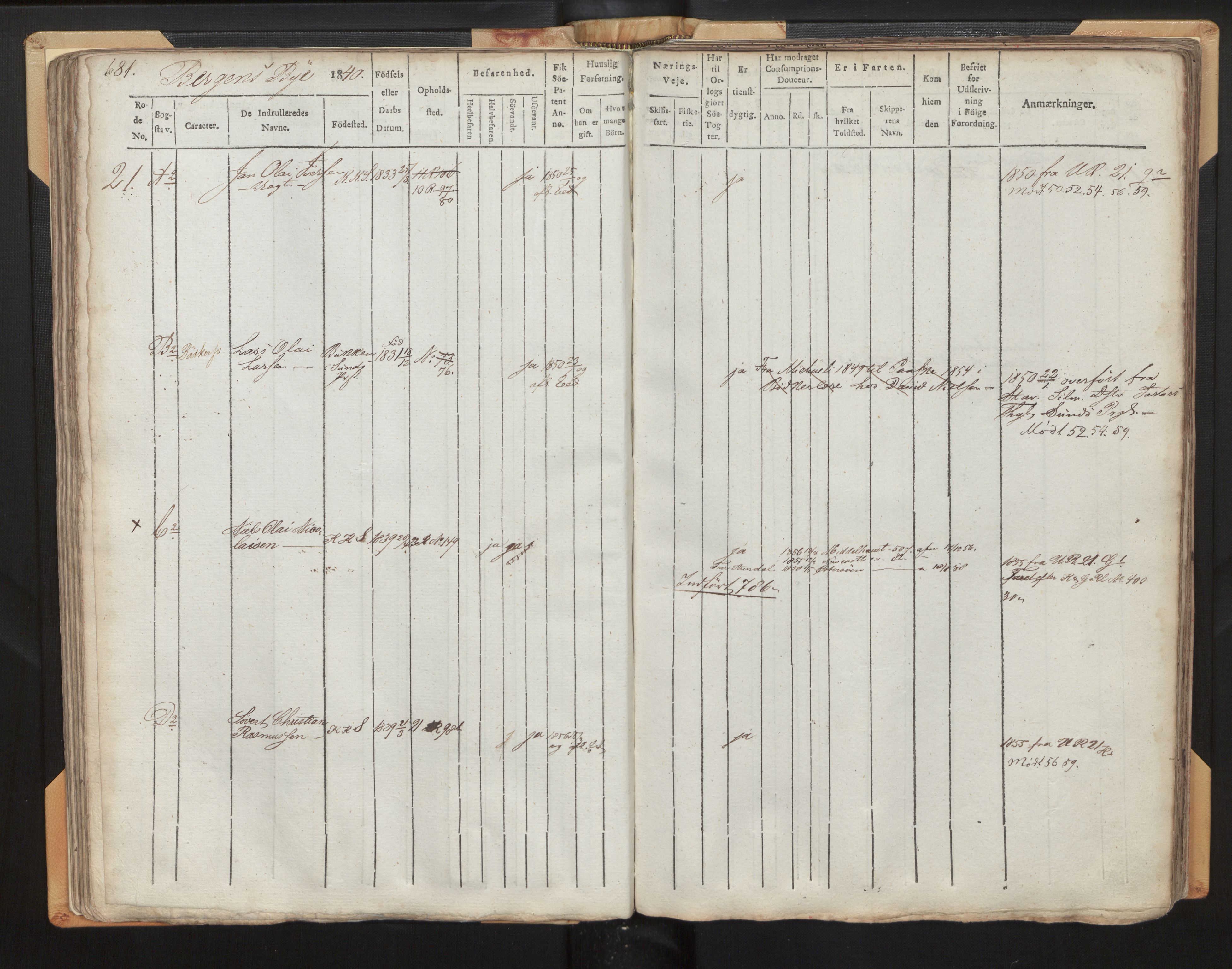 Innrulleringssjefen i Bergen, AV/SAB-A-100050/F/Fh/L0003: Hovedrulle Bergen rodenr. 19 - 24, 1840-1859, s. 681
