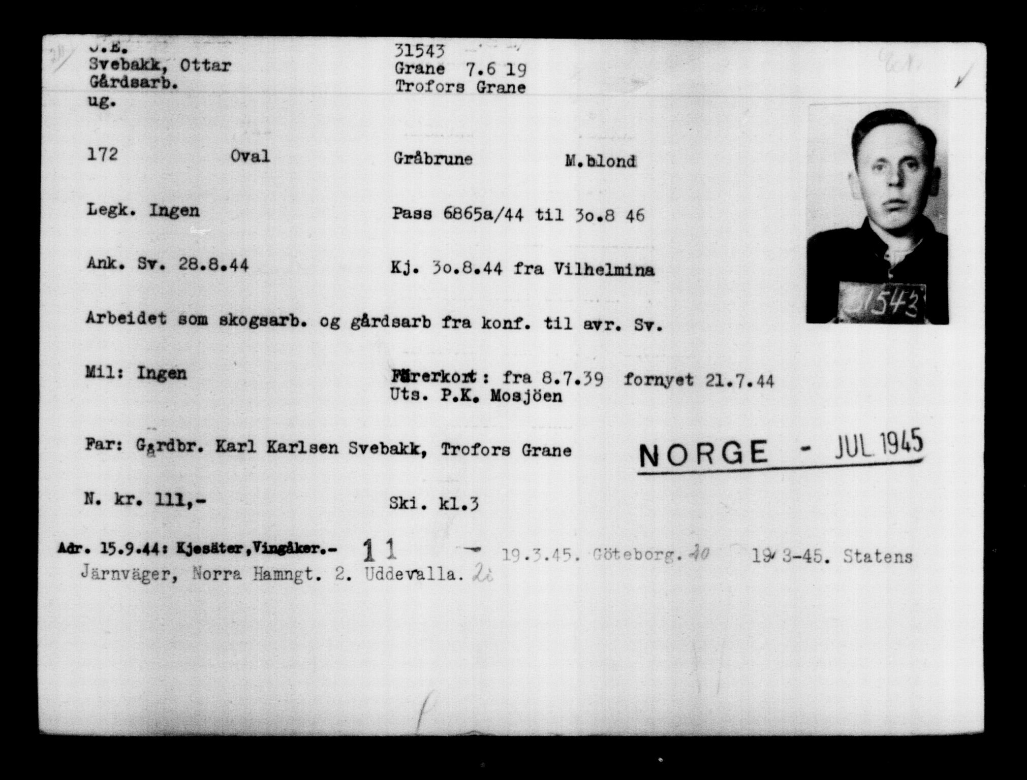 Utenriksstasjonene, Legasjonen i Stockholm, Flyktningkontoret, AV/RA-S-6753/V/Va/L0012: Kjesäterkartoteket, flyktninger med registreringsnr. 28300-31566, 1940-1945, s. 3511