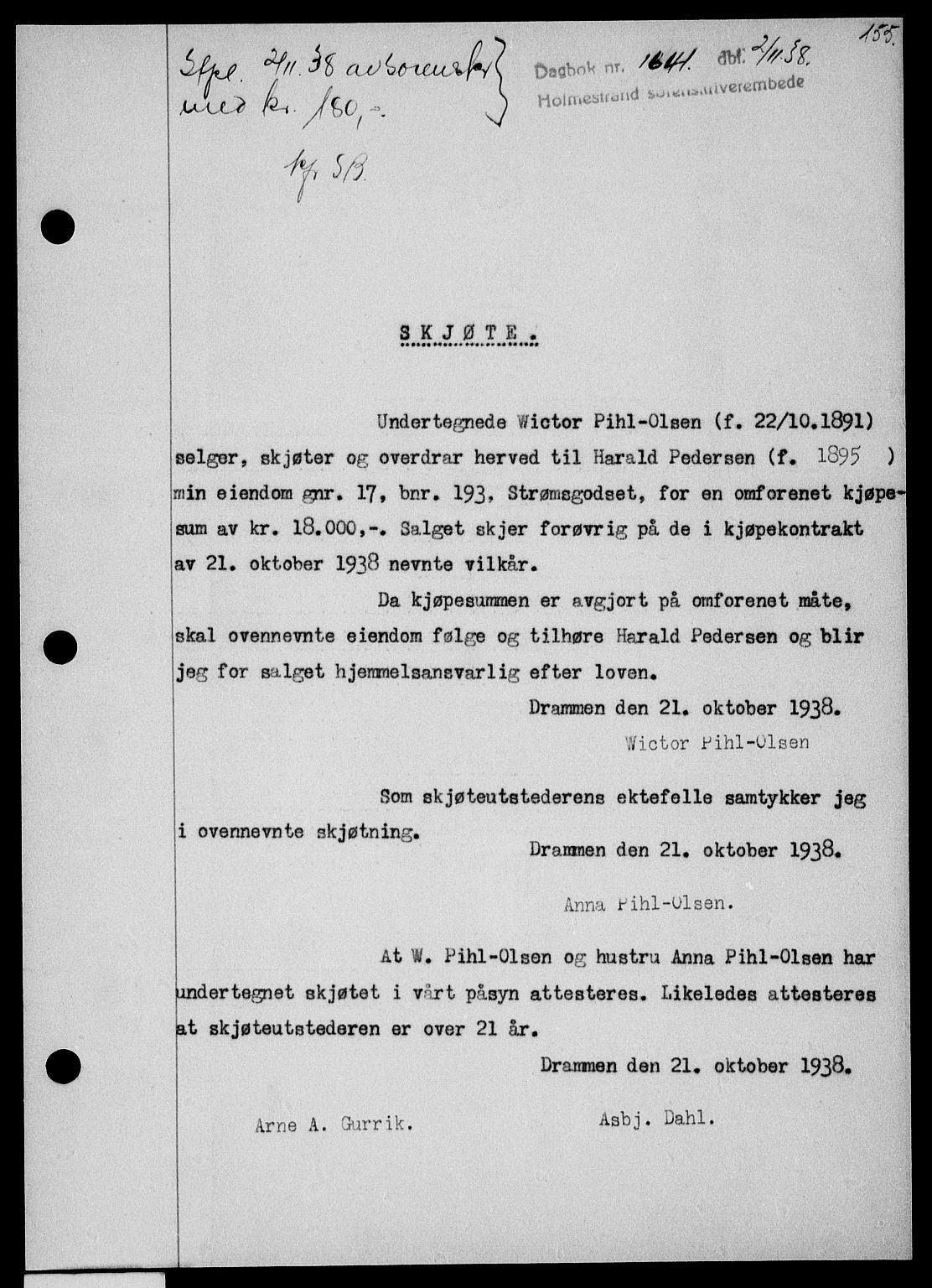 Holmestrand sorenskriveri, SAKO/A-67/G/Ga/Gaa/L0050: Pantebok nr. A-50, 1938-1939, Dagboknr: 1641/1938