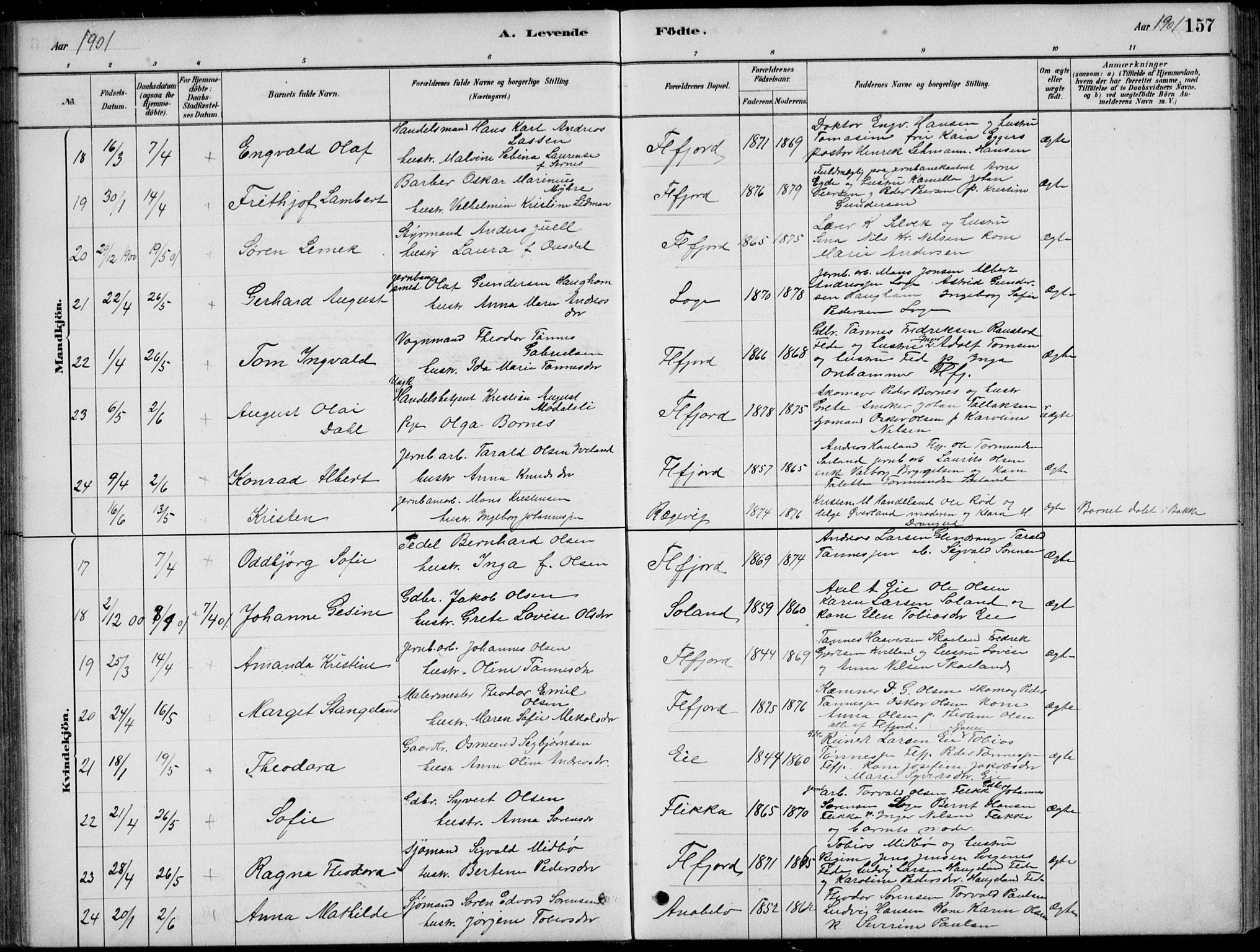 Flekkefjord sokneprestkontor, AV/SAK-1111-0012/F/Fb/Fbc/L0007: Klokkerbok nr. B 7, 1880-1902, s. 157