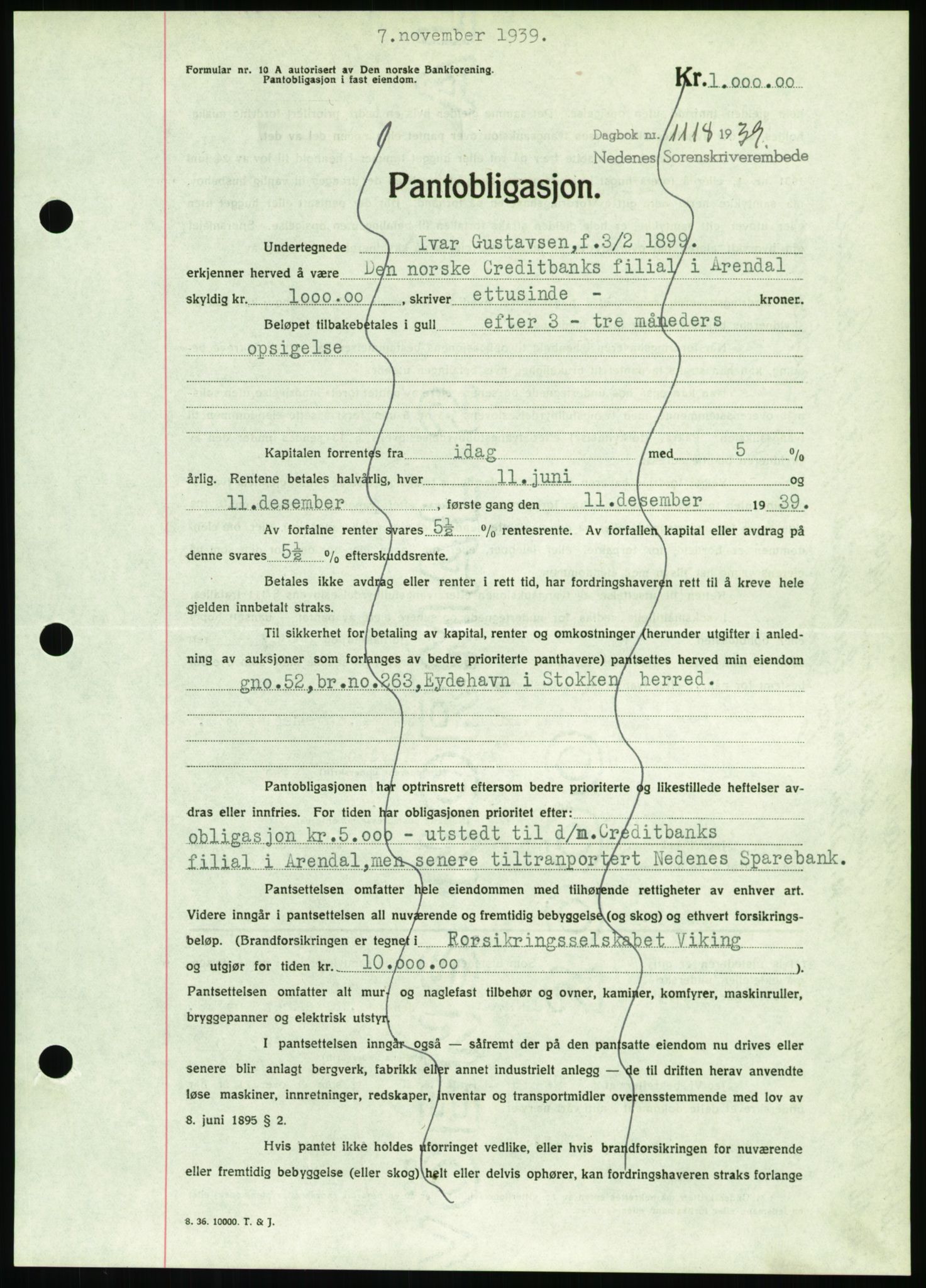 Nedenes sorenskriveri, SAK/1221-0006/G/Gb/Gbb/L0001: Pantebok nr. I, 1939-1942, Dagboknr: 1118/1939