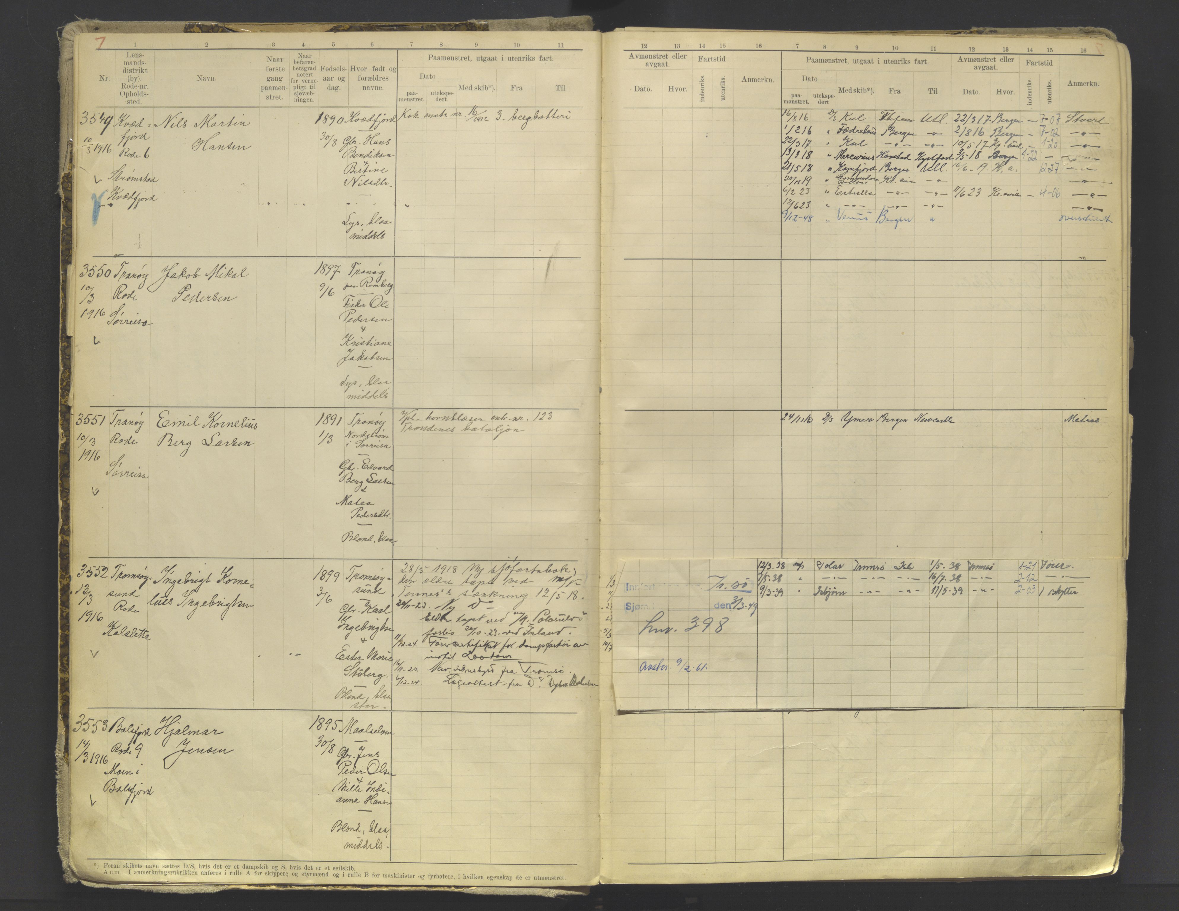 Tromsø sjømannskontor/innrullerings-/mønstringsdistrikt, AV/SATØ-S-0243/F/Fb/L0010: Annotasjonsrulle. Defekt: løs innbinding. Nr. 3519-4972, 1916-1920