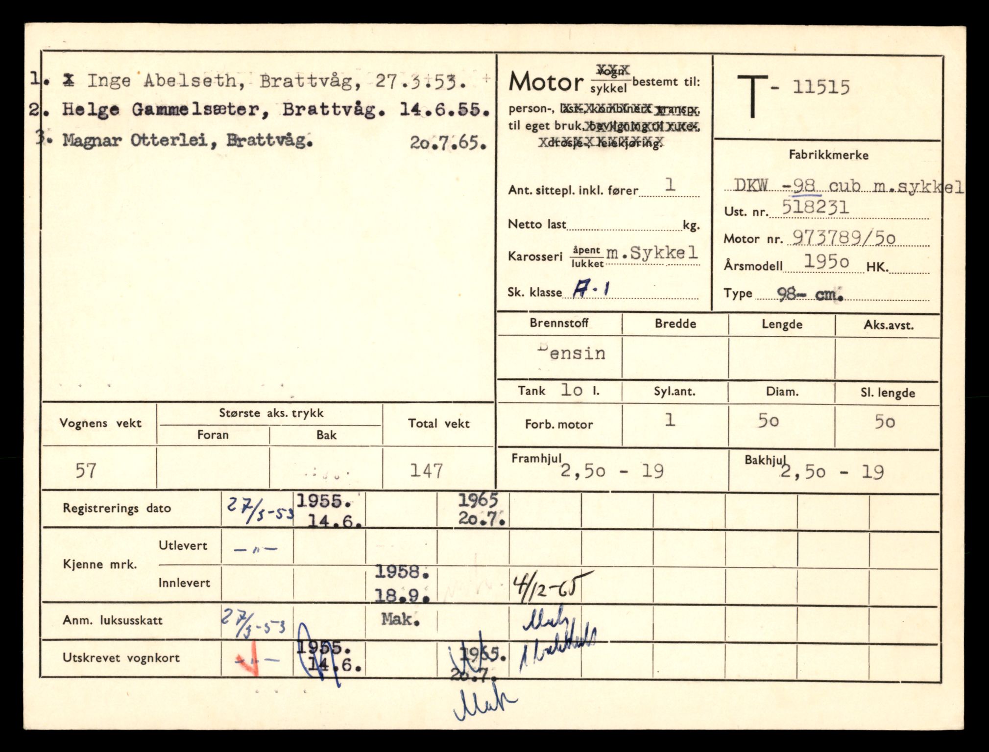 Møre og Romsdal vegkontor - Ålesund trafikkstasjon, AV/SAT-A-4099/F/Fe/L0029: Registreringskort for kjøretøy T 11430 - T 11619, 1927-1998, s. 1574