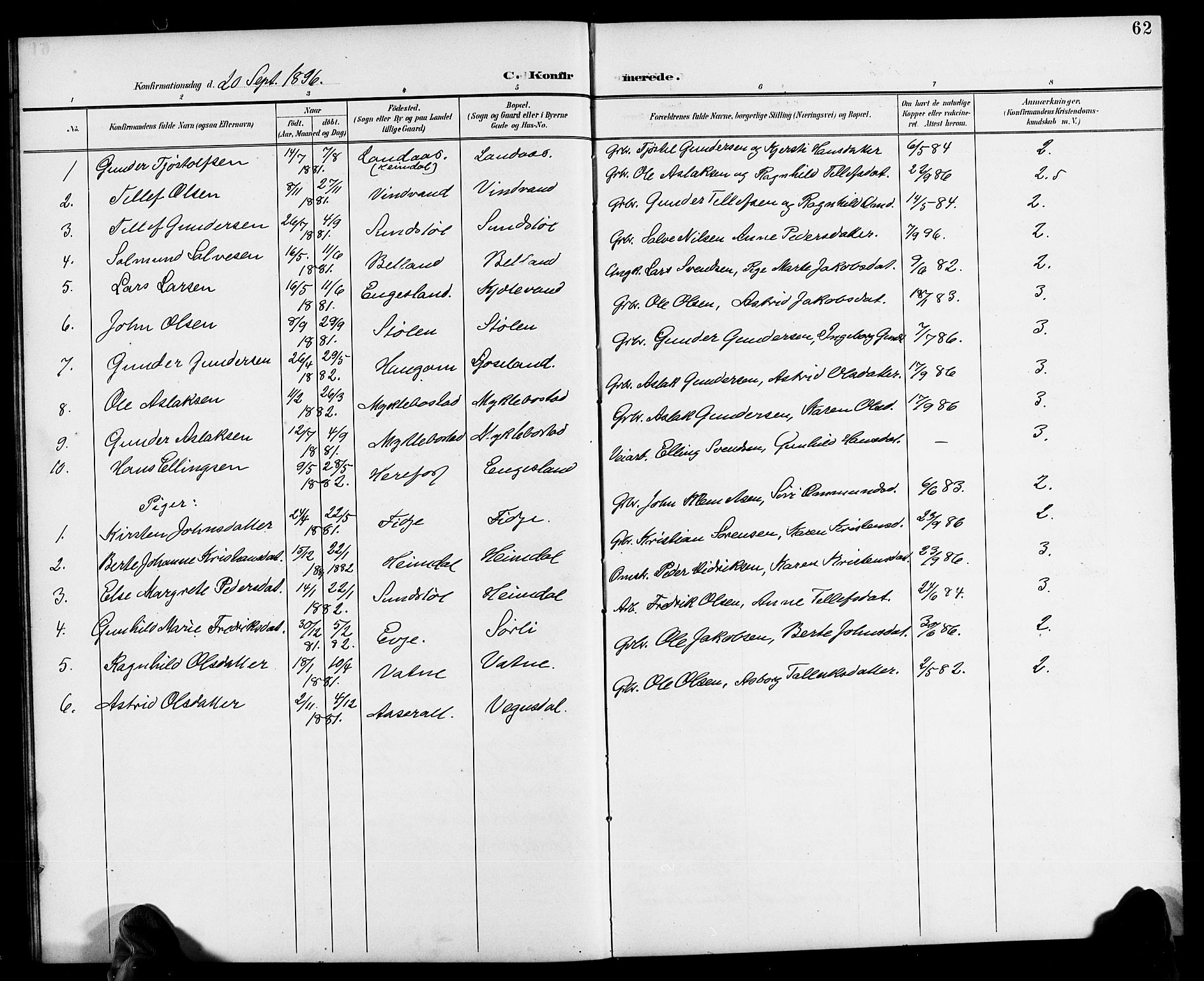Herefoss sokneprestkontor, AV/SAK-1111-0019/F/Fb/Fbb/L0003: Klokkerbok nr. B 3, 1892-1917, s. 62