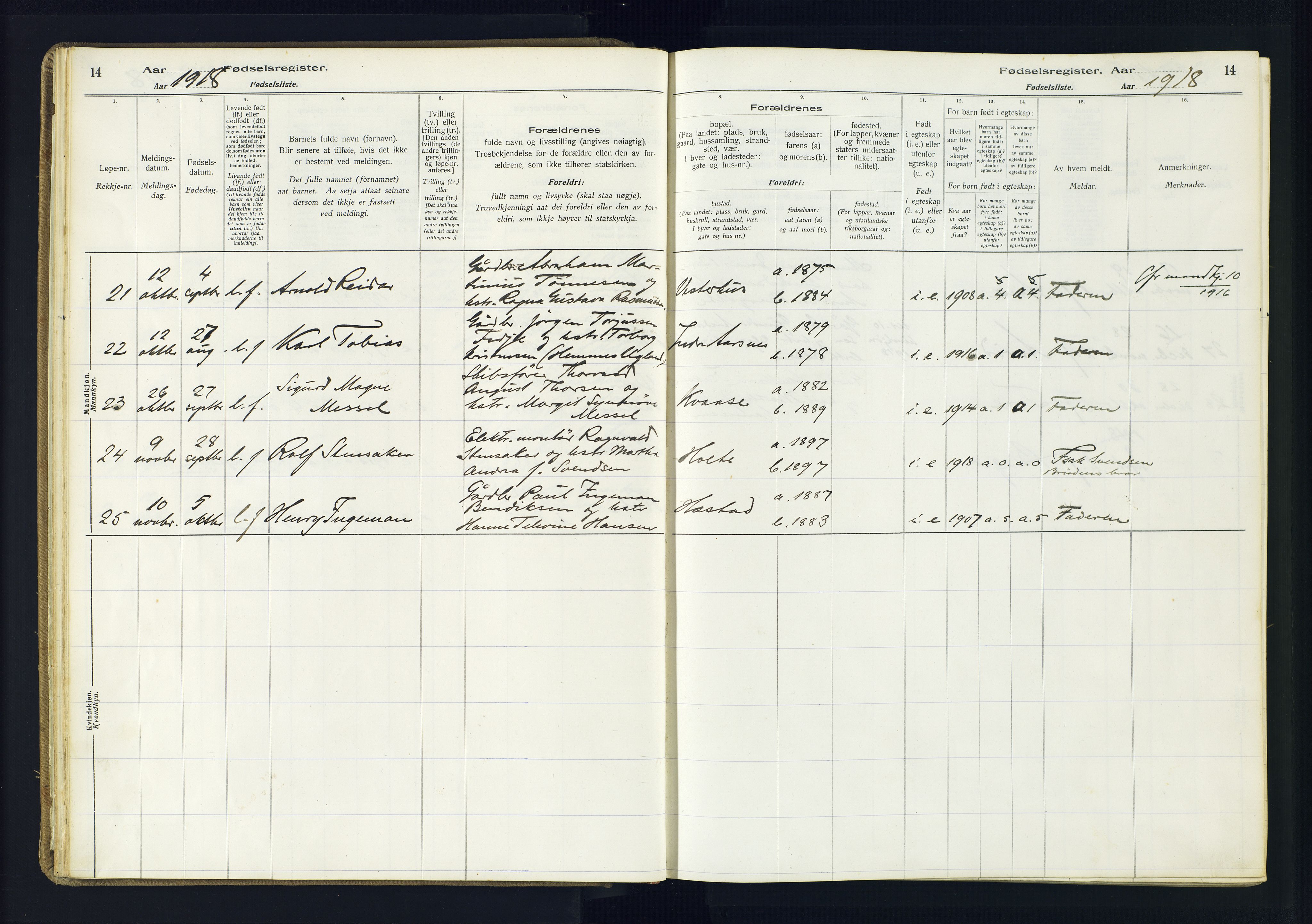 Høvåg sokneprestkontor, AV/SAK-1111-0025/J/Ja/L0001: Fødselsregister nr. II.4.2, 1916-1982, s. 14