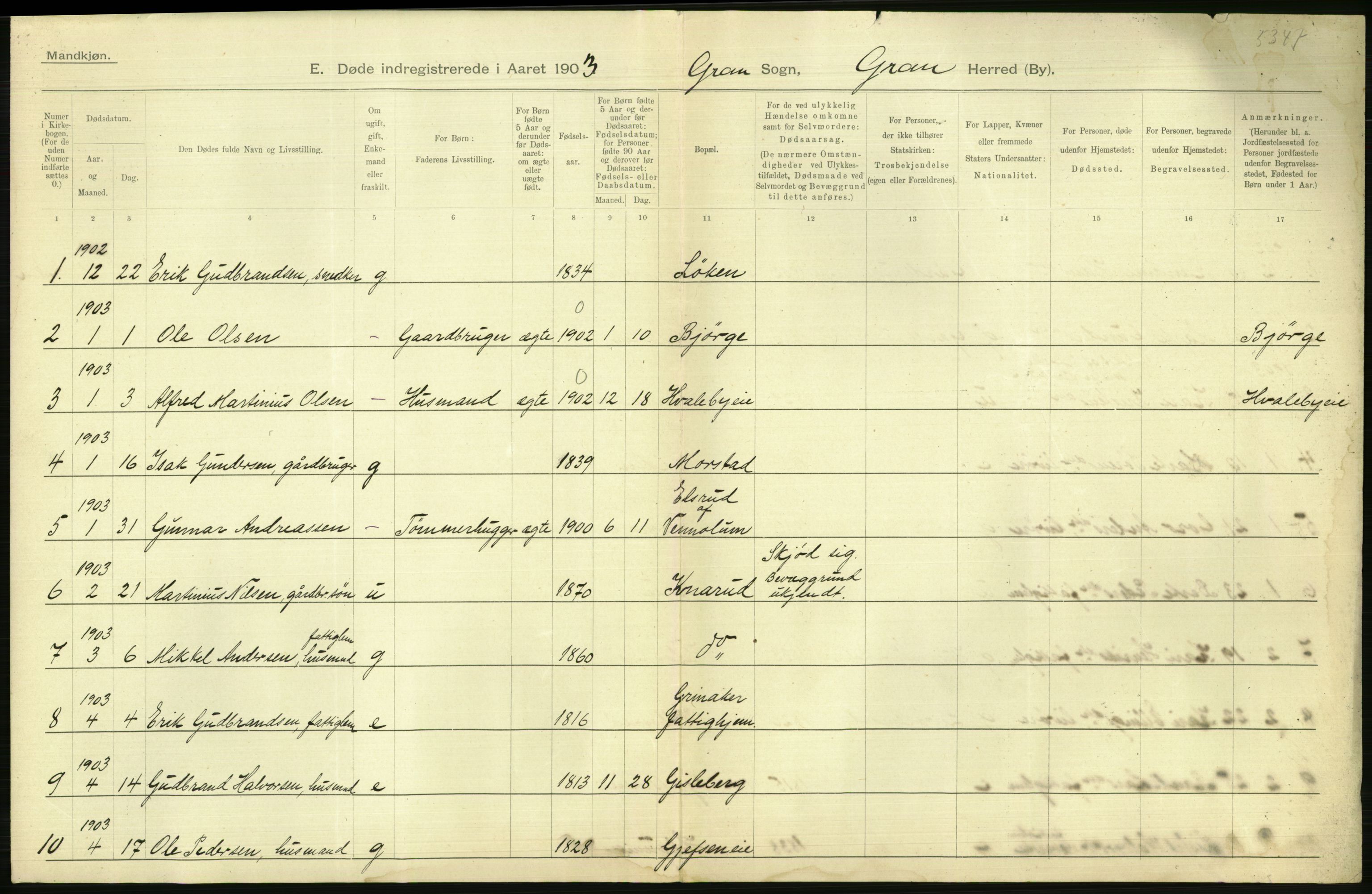 Statistisk sentralbyrå, Sosiodemografiske emner, Befolkning, AV/RA-S-2228/D/Df/Dfa/Dfaa/L0006: Kristians amt: Fødte, gifte, døde, 1903, s. 586