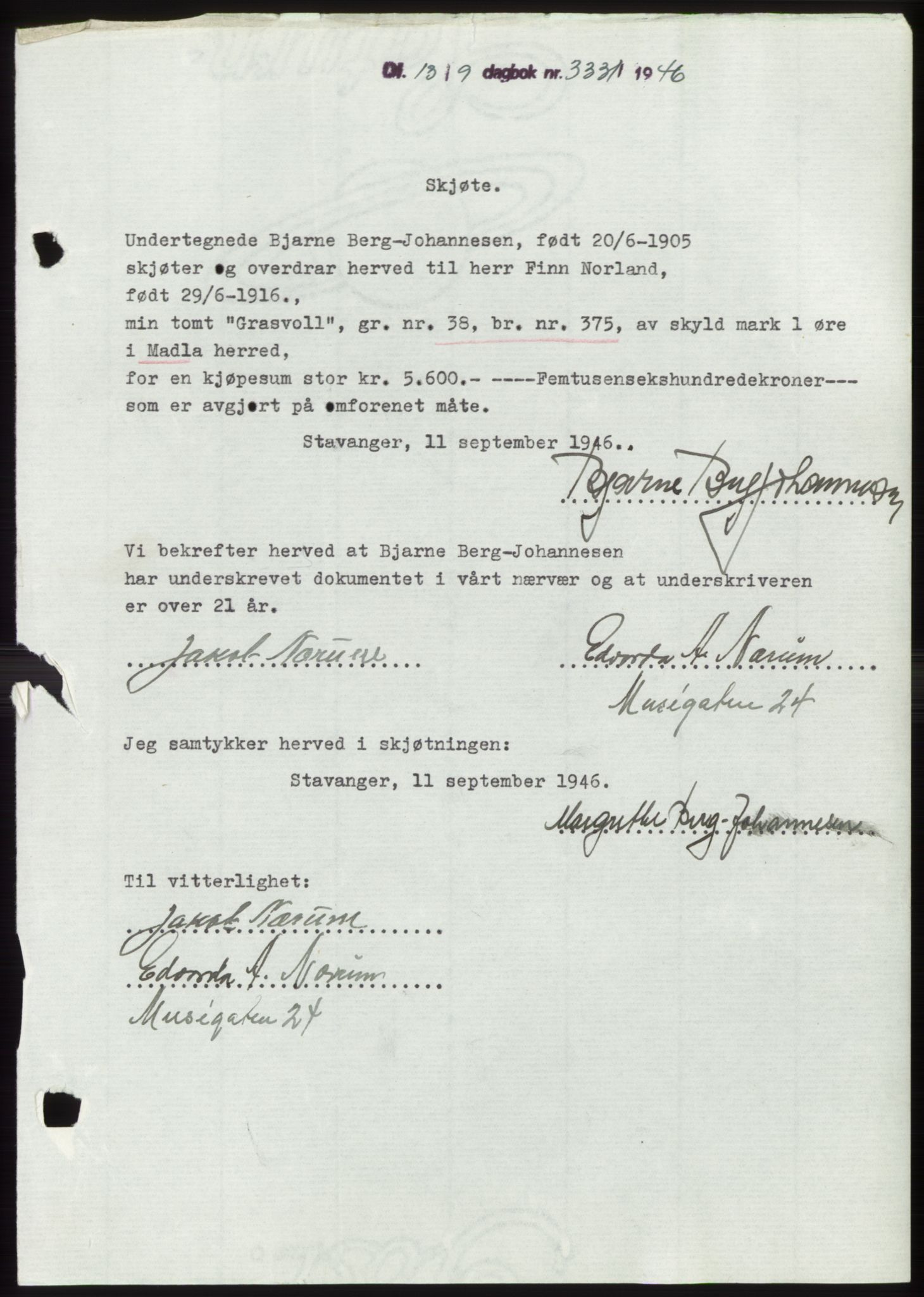 Jæren sorenskriveri, SAST/A-100310/03/G/Gba/L0091: Pantebok, 1946-1946, Dagboknr: 3331/1946
