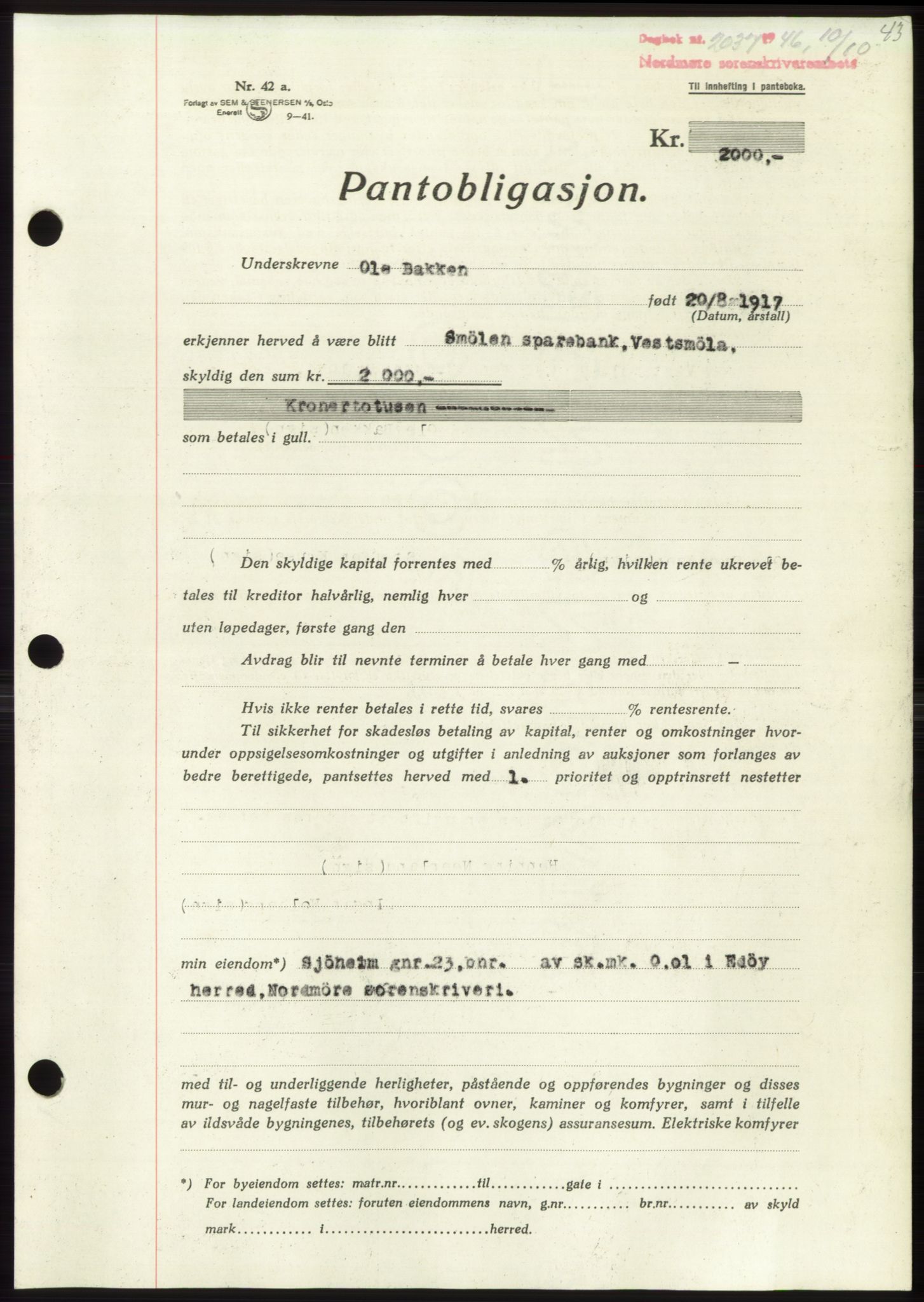 Nordmøre sorenskriveri, SAT/A-4132/1/2/2Ca: Pantebok nr. B95, 1946-1947, Dagboknr: 2037/1946