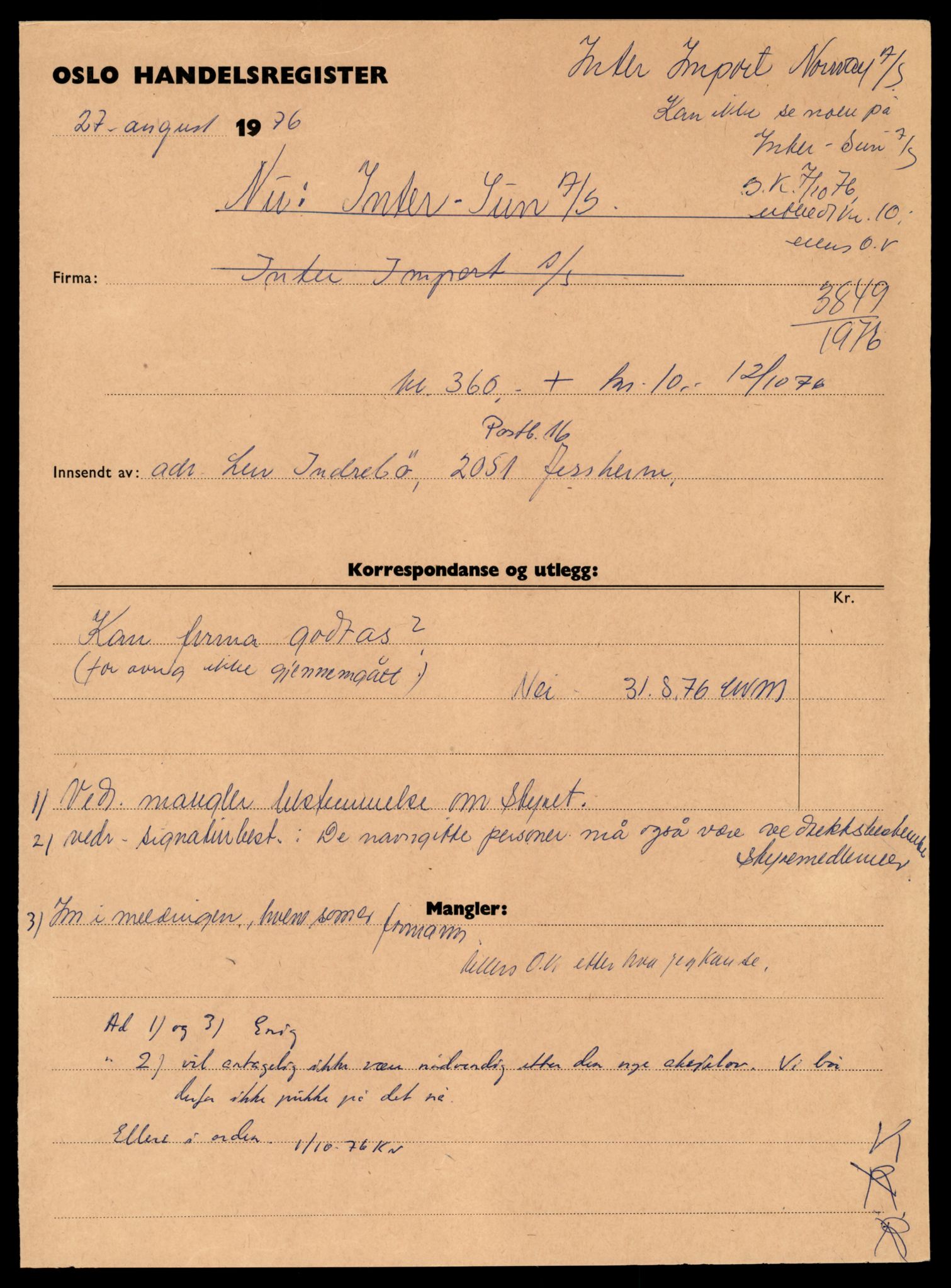 Oslo byfogd, Handelsregisteret, SAT/A-10867/G/Gc/Gca/L0369: Ikke konverterte foretak, Intert-Inv, 1890-1990, s. 1