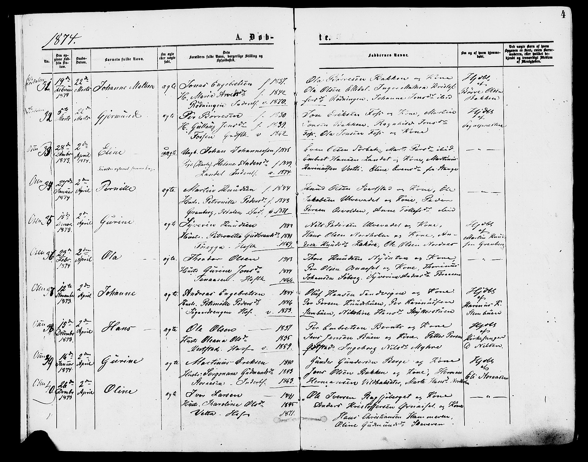 Trysil prestekontor, AV/SAH-PREST-046/H/Ha/Haa/L0007: Ministerialbok nr. 7, 1874-1880, s. 4