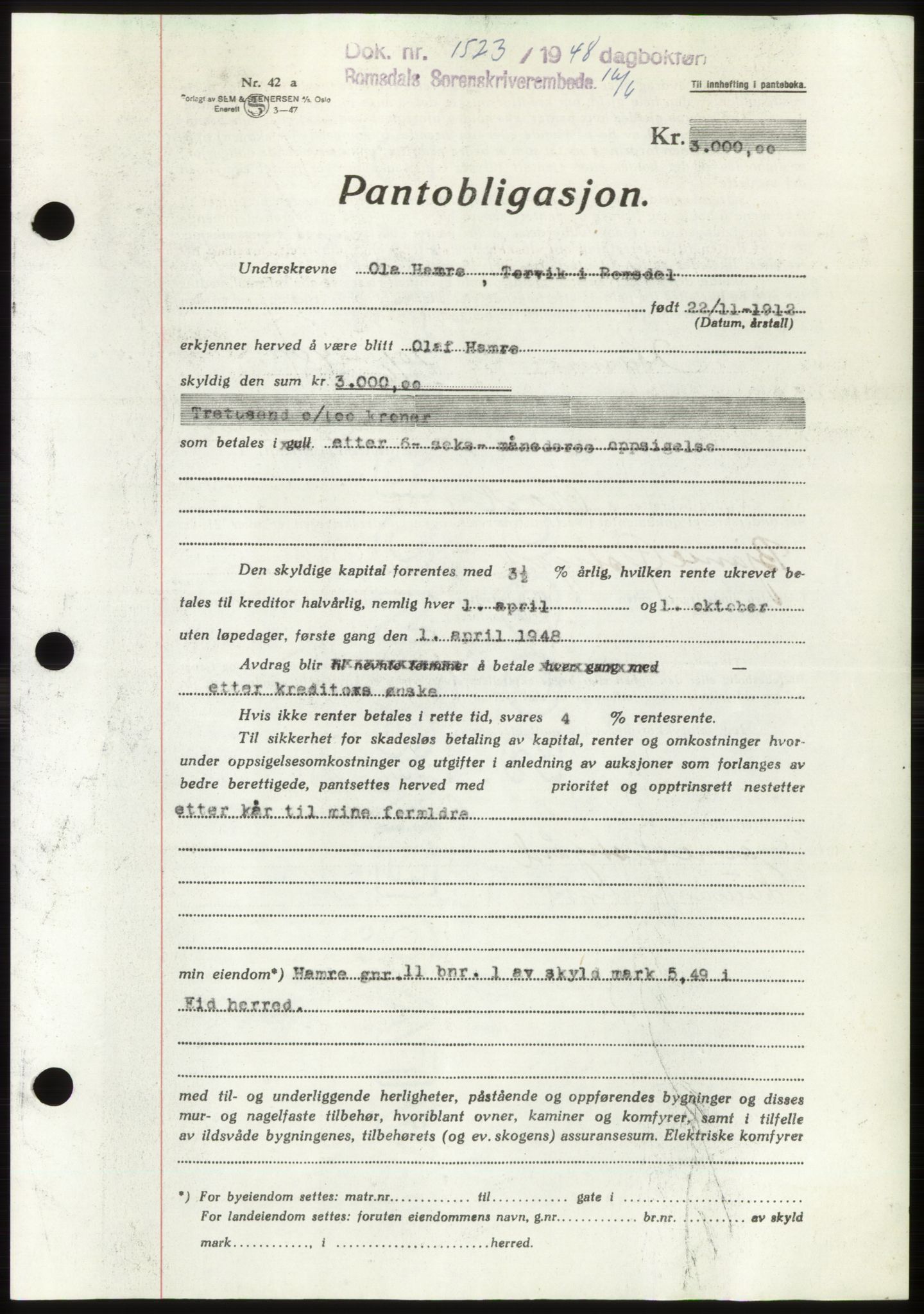 Romsdal sorenskriveri, SAT/A-4149/1/2/2C: Pantebok nr. B4, 1948-1949, Dagboknr: 1523/1948