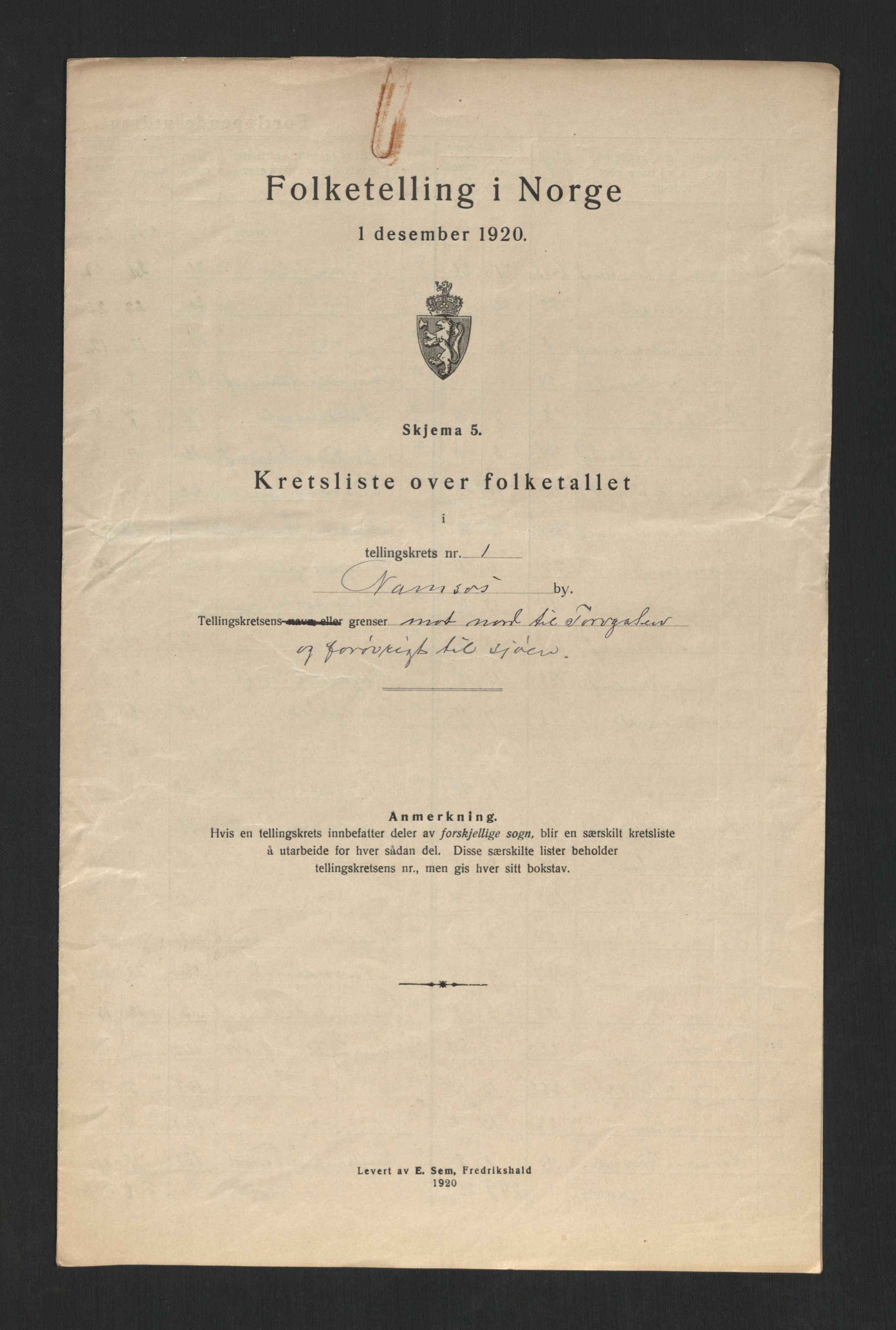 SAT, Folketelling 1920 for 1703 Namsos ladested, 1920, s. 7