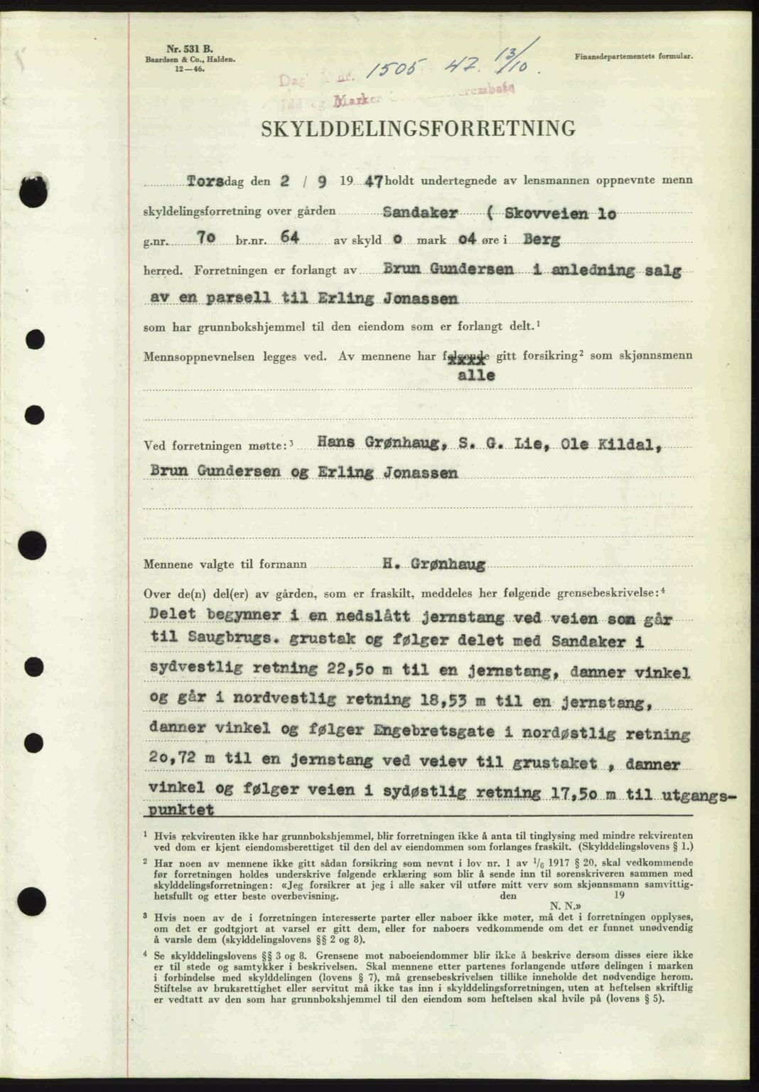 Idd og Marker sorenskriveri, SAO/A-10283/G/Gb/Gbb/L0009: Pantebok nr. A9, 1946-1947, Dagboknr: 1505/1947