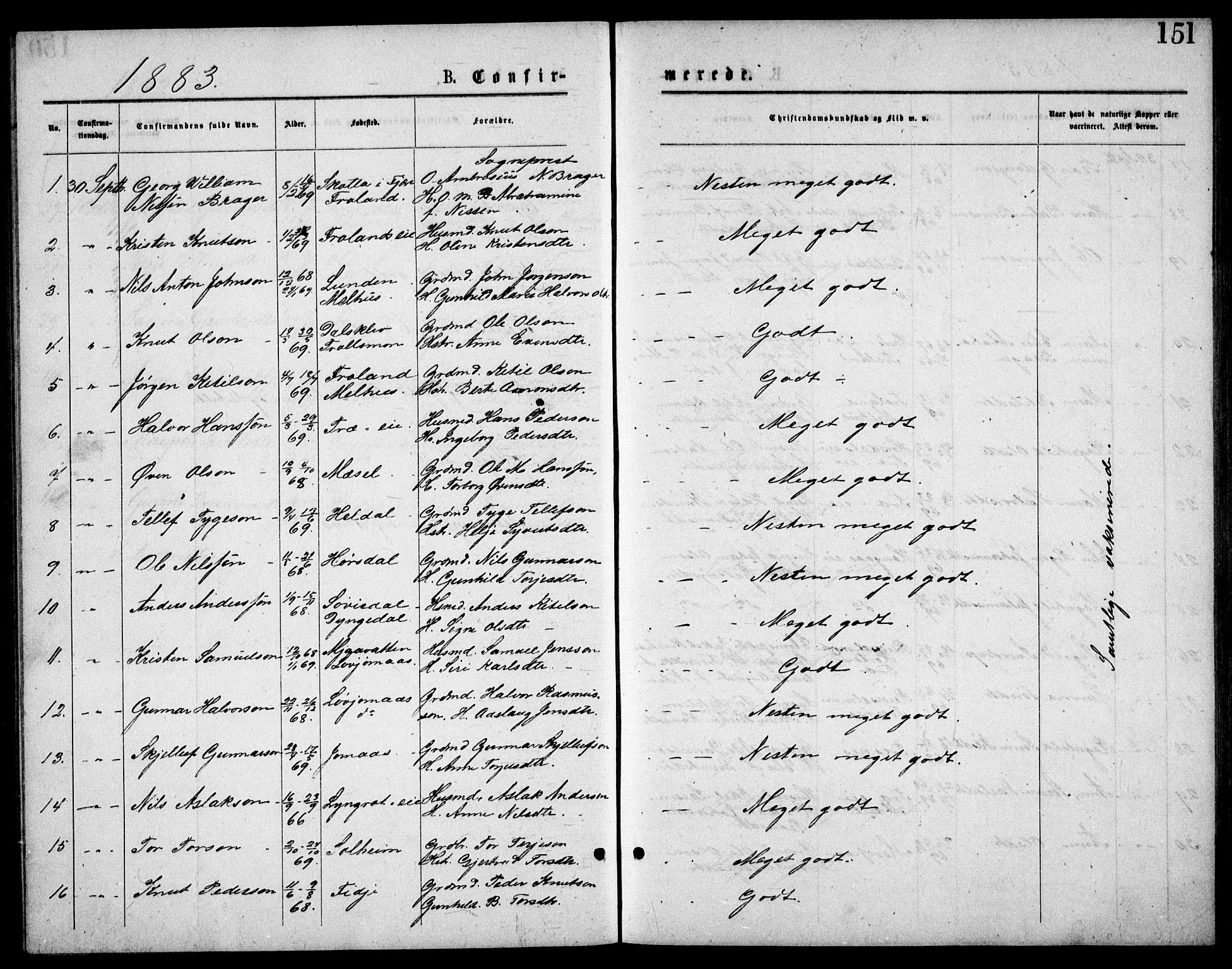 Froland sokneprestkontor, AV/SAK-1111-0013/F/Fb/L0009: Klokkerbok nr. B 9, 1875-1893, s. 151