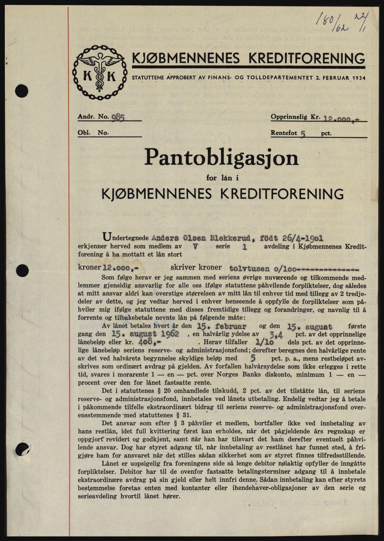 Hadeland og Land tingrett, SAH/TING-010/H/Hb/Hbc/L0047: Pantebok nr. B47, 1961-1962, Dagboknr: 180/1962