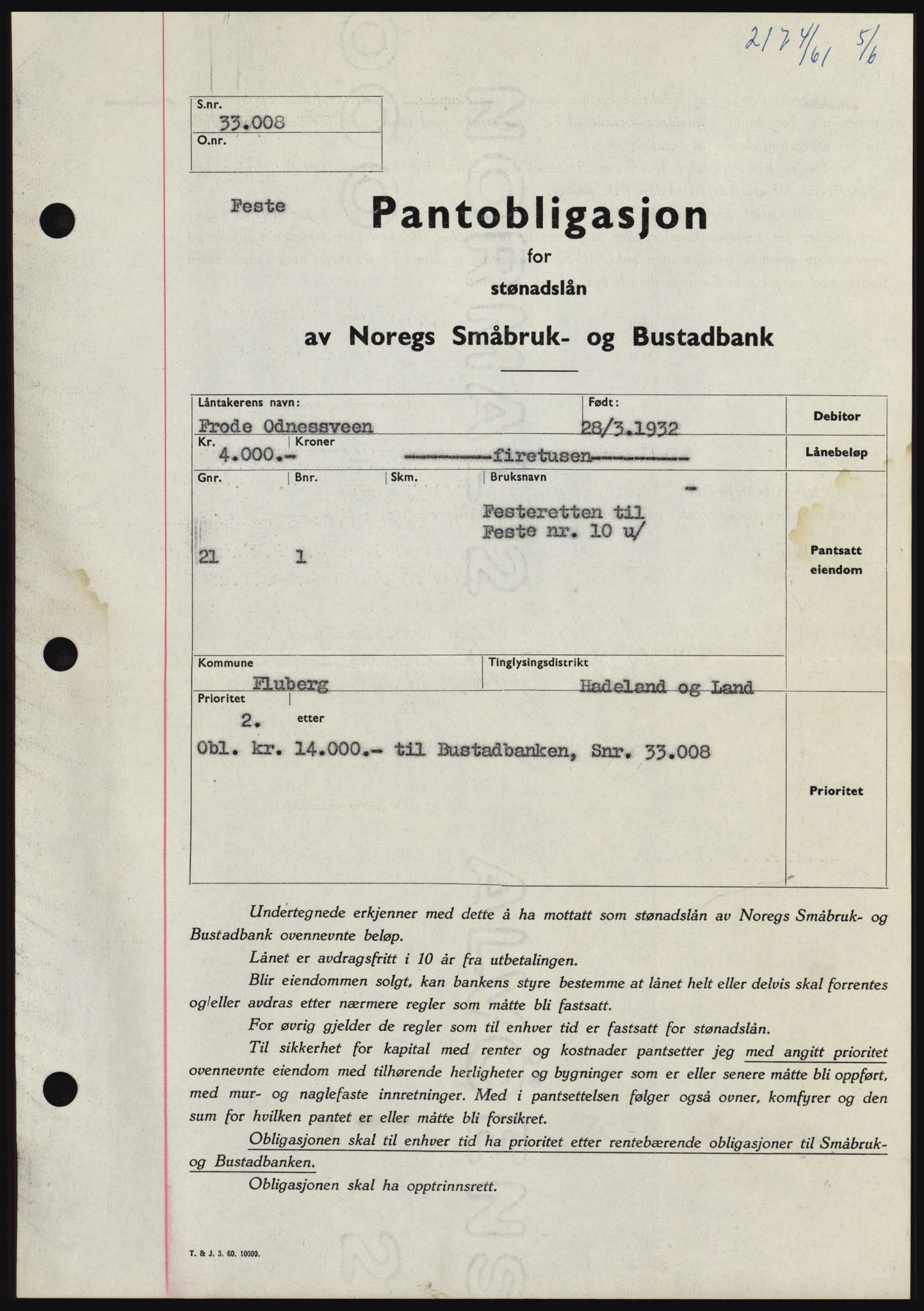 Hadeland og Land tingrett, SAH/TING-010/H/Hb/Hbc/L0046: Pantebok nr. B46, 1961-1961, Dagboknr: 2174/1961