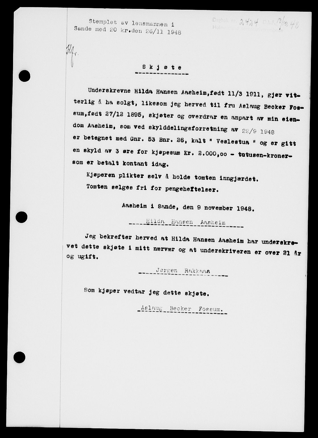 Holmestrand sorenskriveri, SAKO/A-67/G/Ga/Gaa/L0065: Pantebok nr. A-65, 1948-1949, Dagboknr: 2424/1948