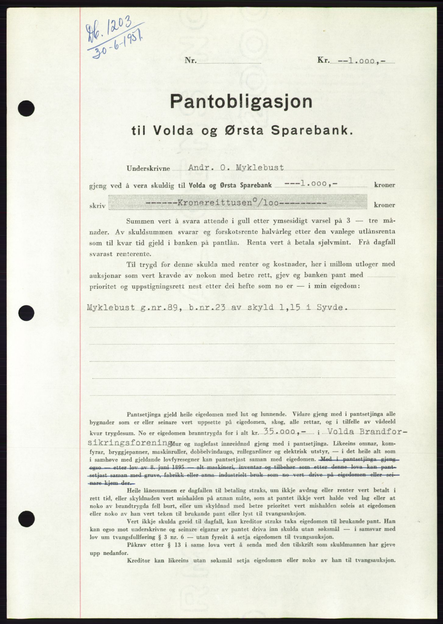 Søre Sunnmøre sorenskriveri, SAT/A-4122/1/2/2C/L0120: Pantebok nr. 8B, 1951-1951, Dagboknr: 1203/1951