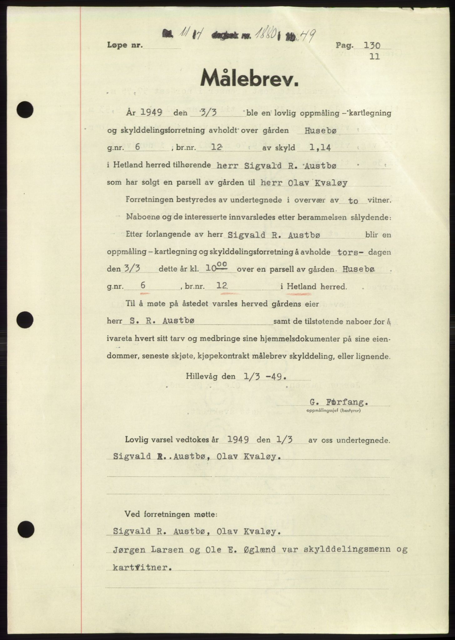 Jæren sorenskriveri, SAST/A-100310/03/G/Gba/L0102: Pantebok, 1949-1949, Dagboknr: 1880/1949