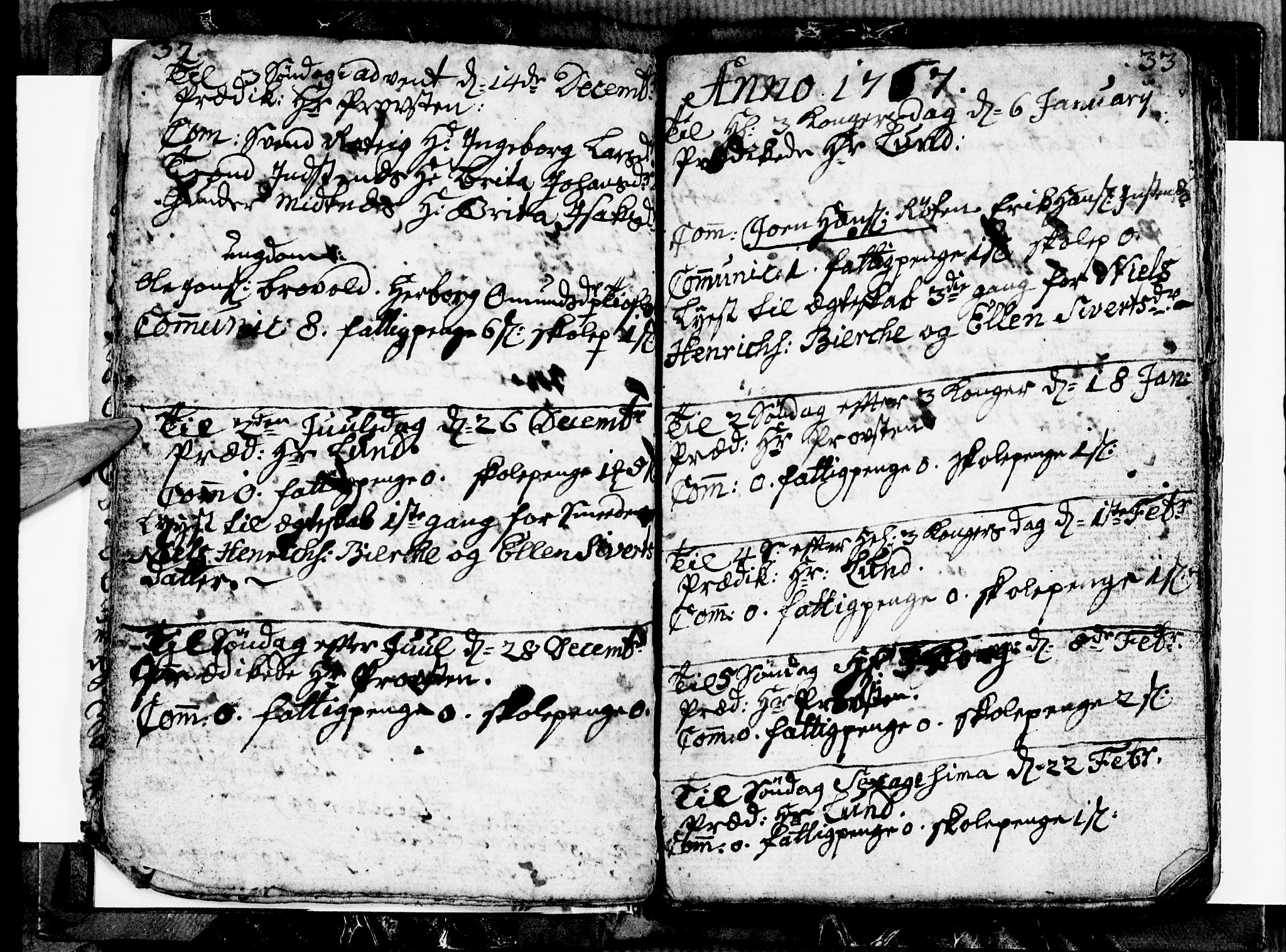 Ullensvang sokneprestembete, SAB/A-78701/H/Hab: Klokkerbok nr. E 1, 1766-1769, s. 32-33