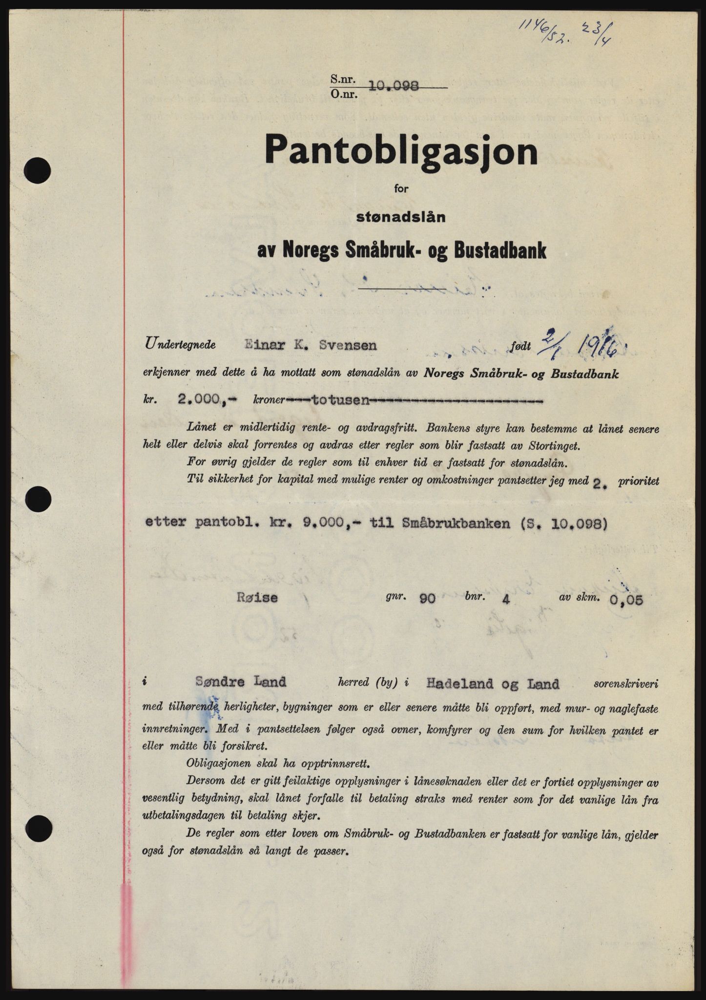 Hadeland og Land tingrett, SAH/TING-010/H/Hb/Hbc/L0023: Pantebok nr. B23, 1952-1952, Dagboknr: 1146/1952