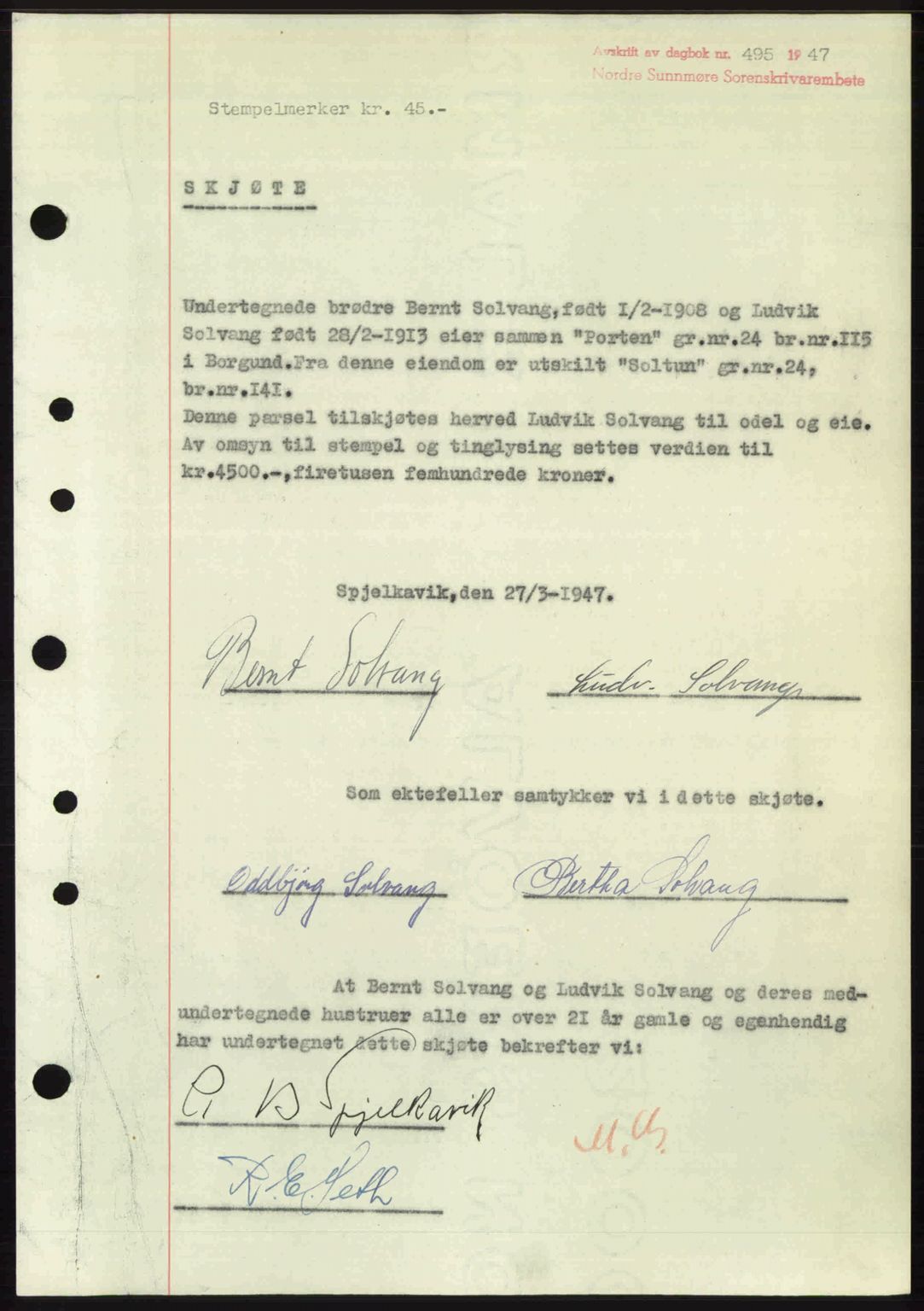 Nordre Sunnmøre sorenskriveri, SAT/A-0006/1/2/2C/2Ca: Pantebok nr. A24, 1947-1947, Dagboknr: 495/1947