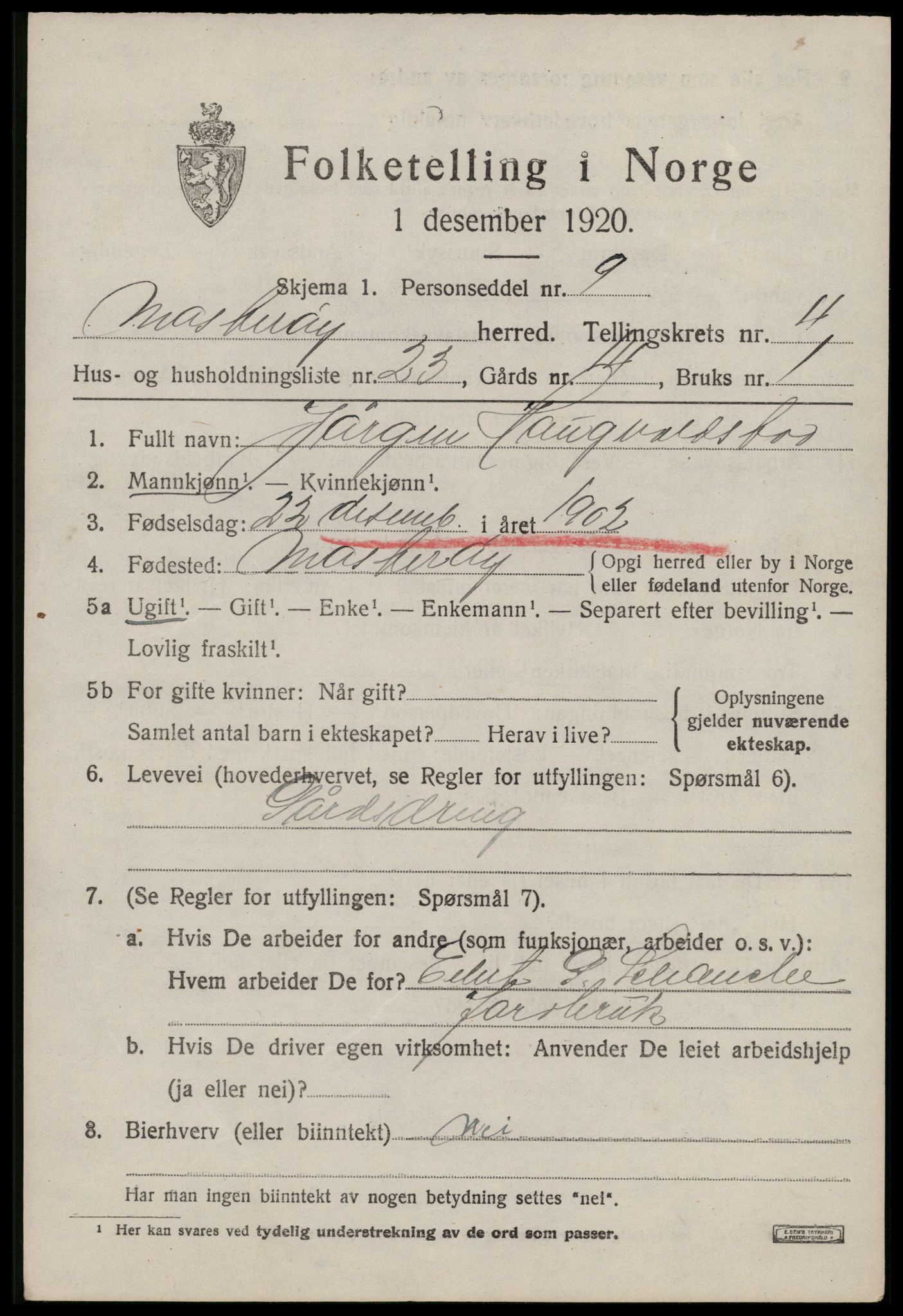 SAST, Folketelling 1920 for 1143 Mosterøy herred, 1920, s. 1918