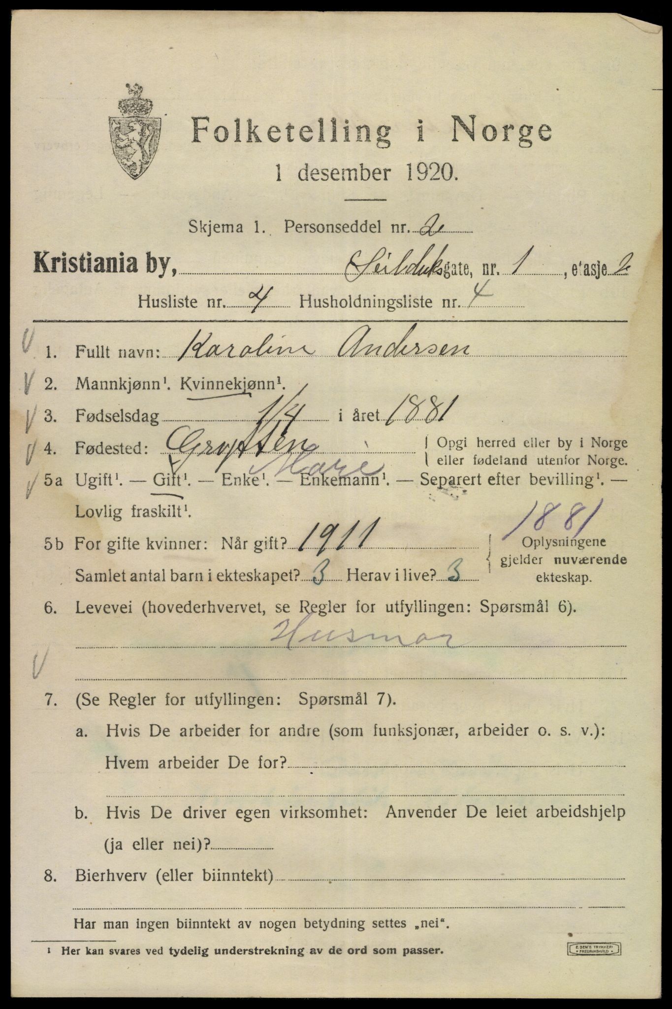 SAO, Folketelling 1920 for 0301 Kristiania kjøpstad, 1920, s. 505599