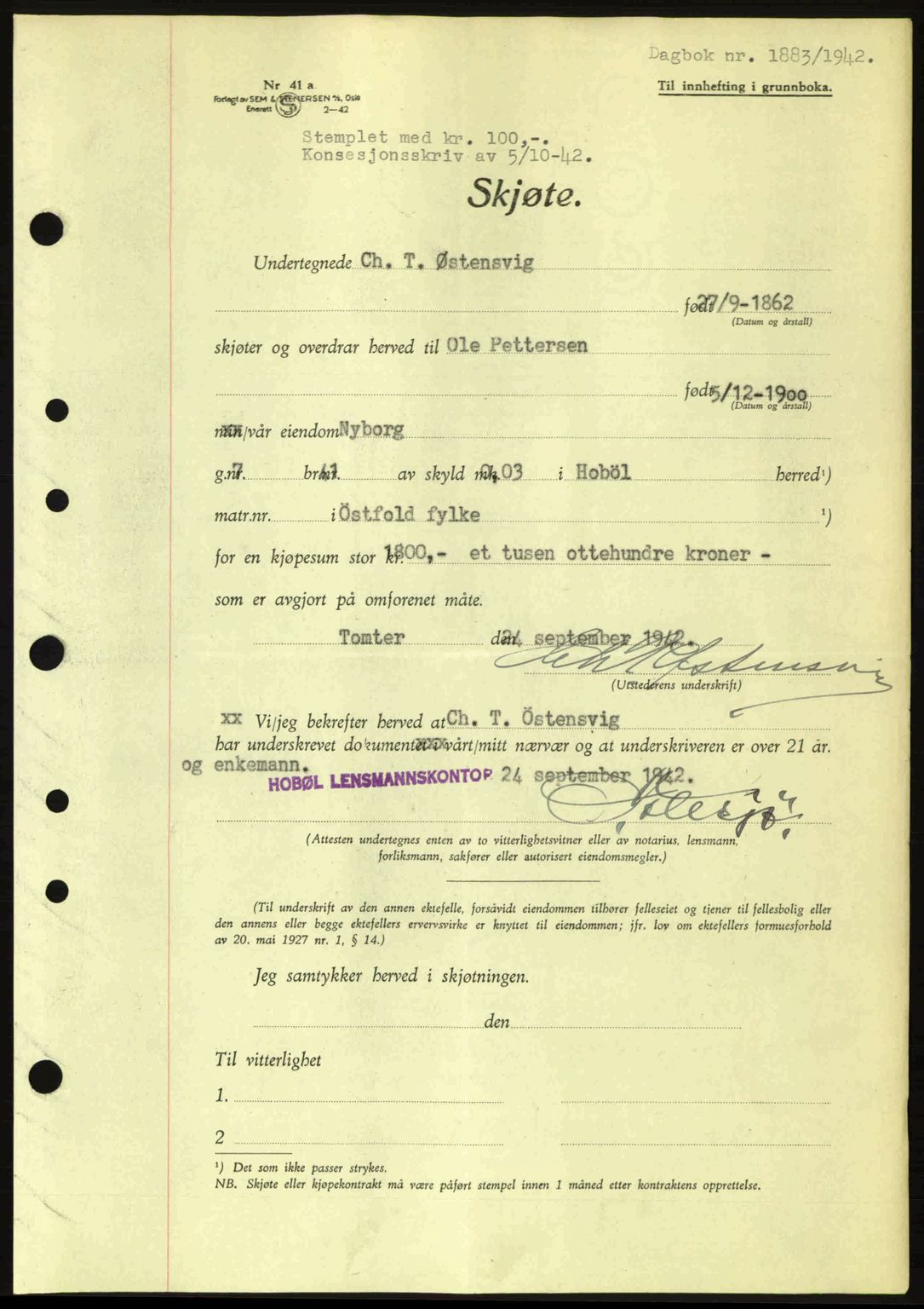 Moss sorenskriveri, SAO/A-10168: Pantebok nr. A10, 1942-1943, Dagboknr: 1883/1942