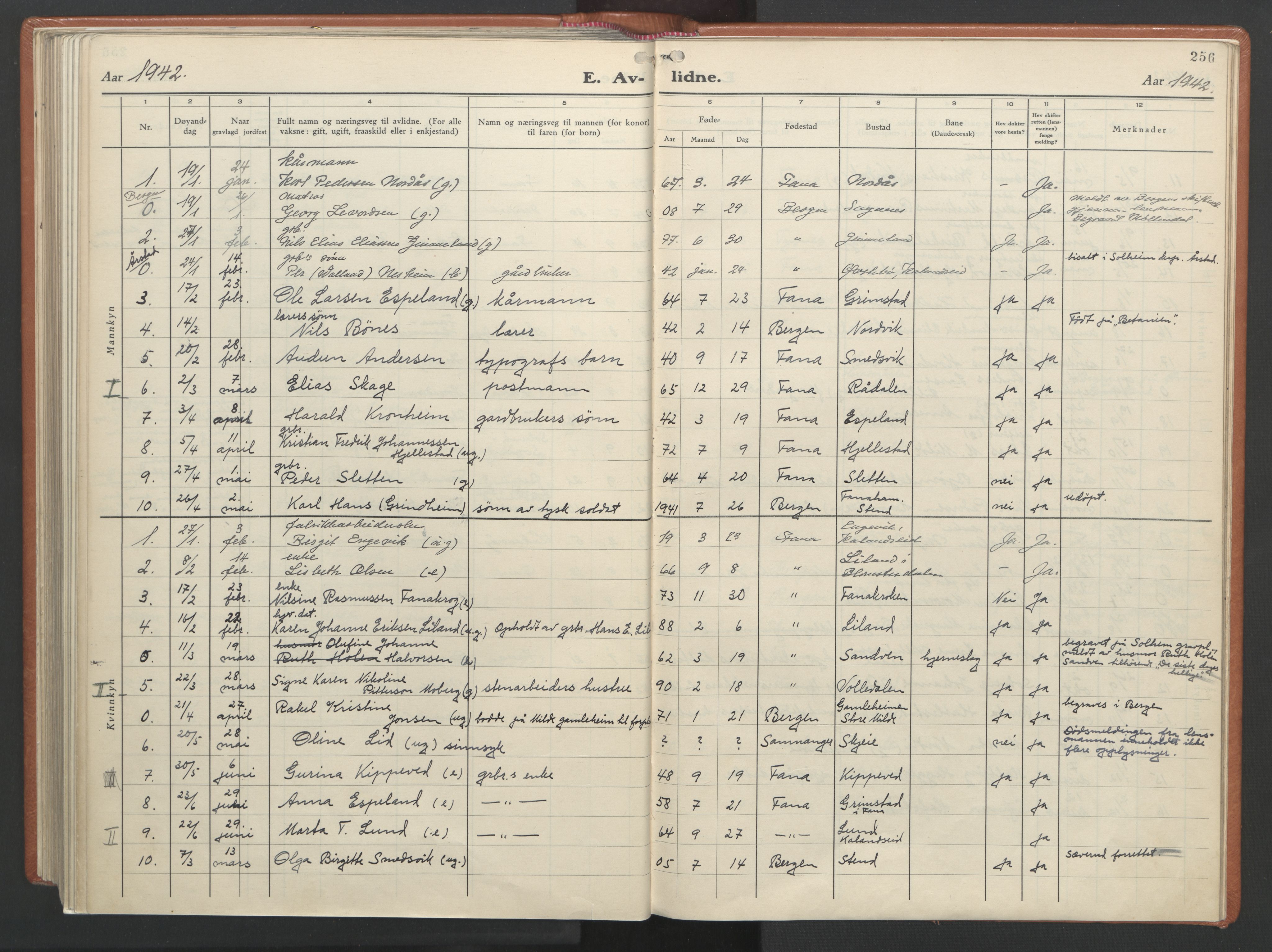 Fana Sokneprestembete, AV/SAB-A-75101/H/Haa/Haab/L0007: Ministerialbok nr. B 7, 1934-1947, s. 256