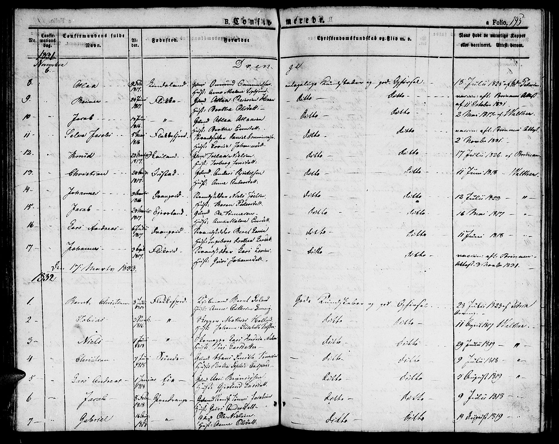 Flekkefjord sokneprestkontor, SAK/1111-0012/F/Fb/Fbc/L0004: Klokkerbok nr. B 4, 1827-1846, s. 195