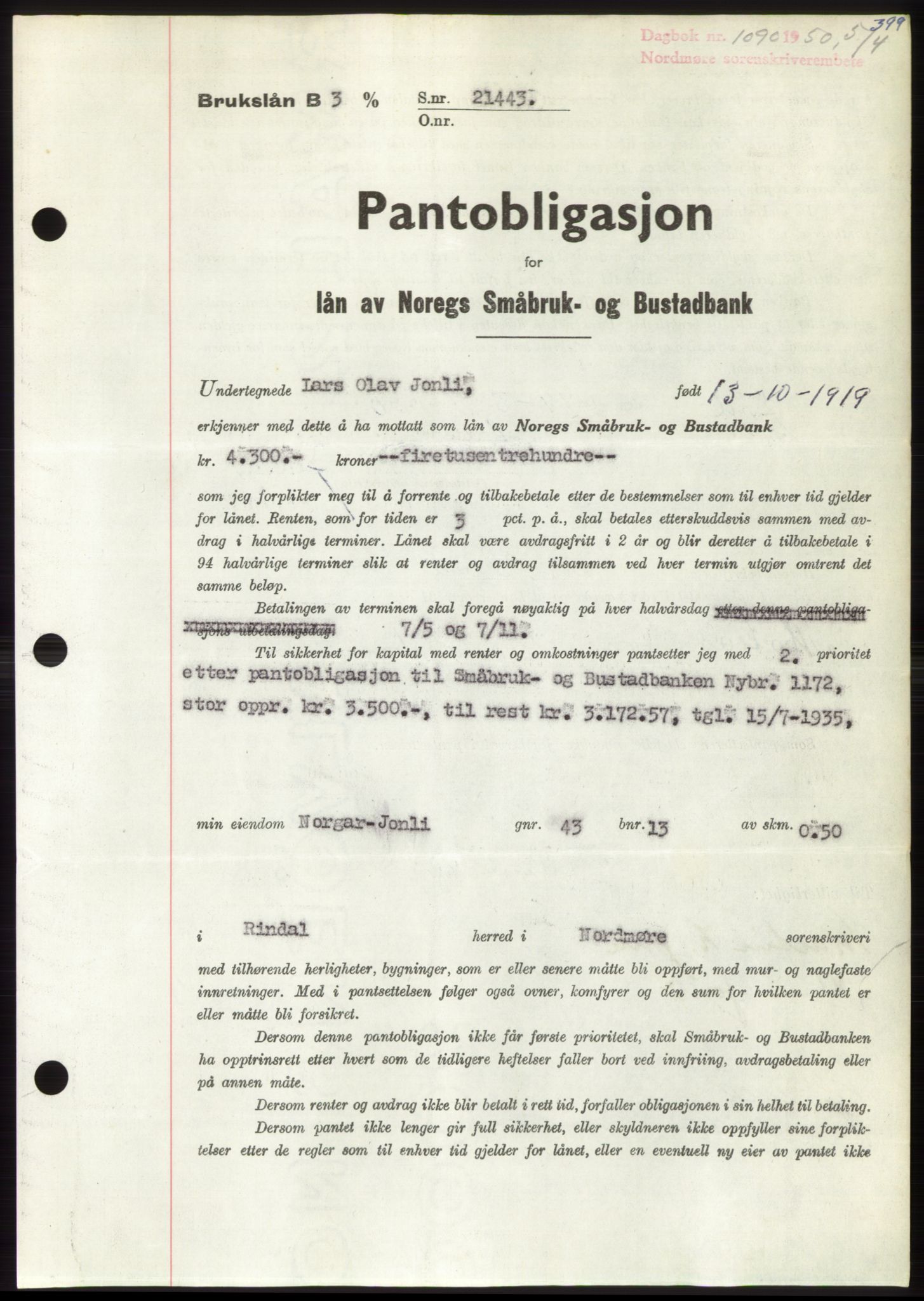 Nordmøre sorenskriveri, SAT/A-4132/1/2/2Ca: Pantebok nr. B104, 1950-1950, Dagboknr: 1090/1950