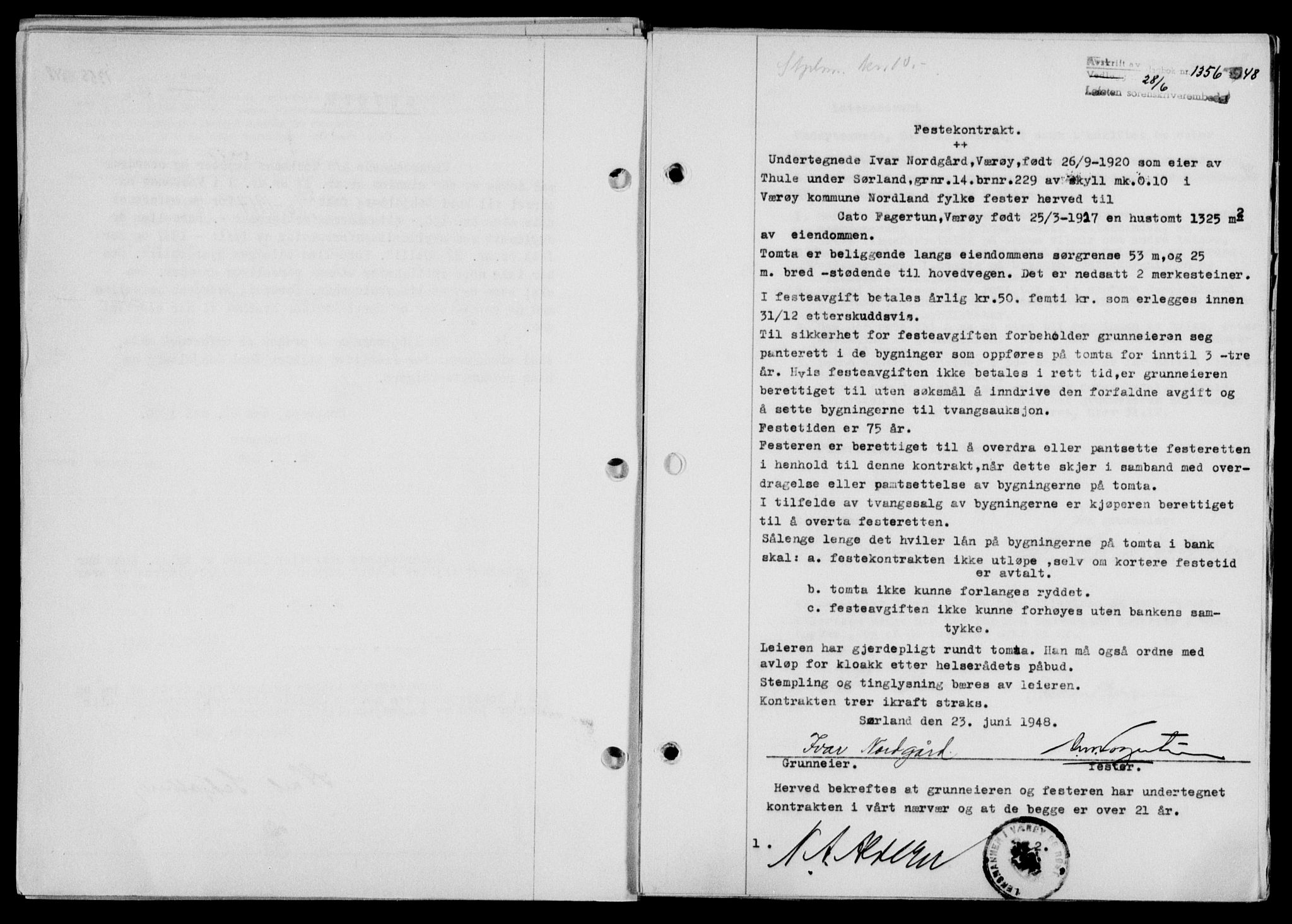 Lofoten sorenskriveri, SAT/A-0017/1/2/2C/L0018a: Pantebok nr. 18a, 1948-1948, Dagboknr: 1356/1948