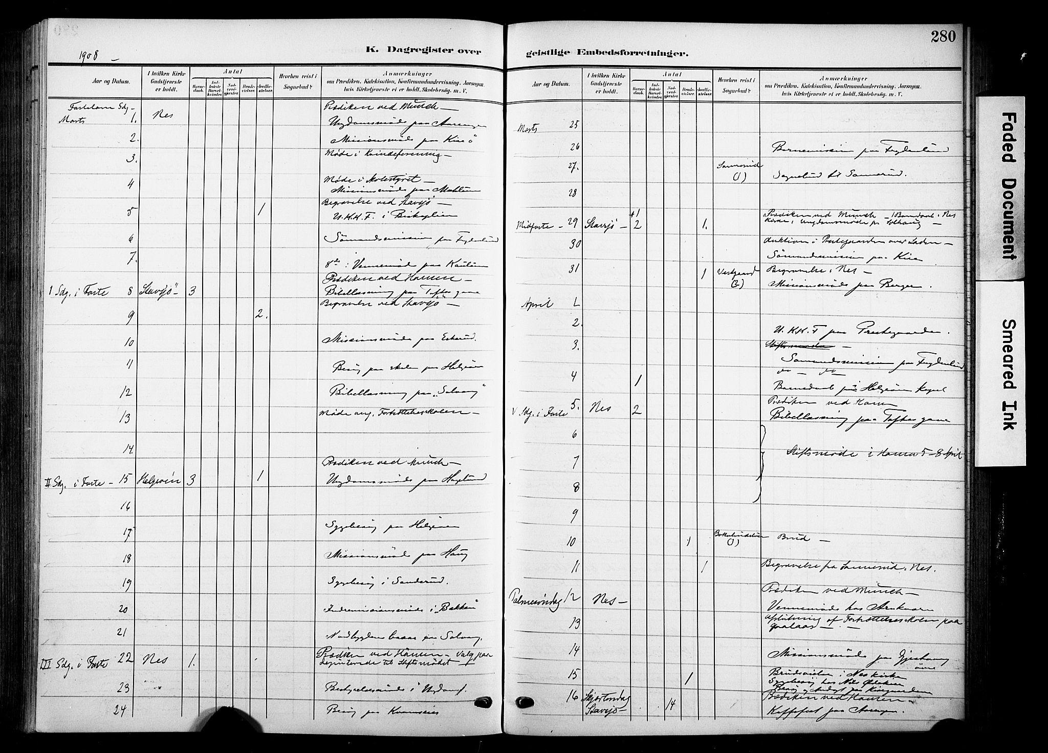 Nes prestekontor, Hedmark, AV/SAH-PREST-020/K/Ka/L0014: Ministerialbok nr. 14, 1906-1929, s. 280