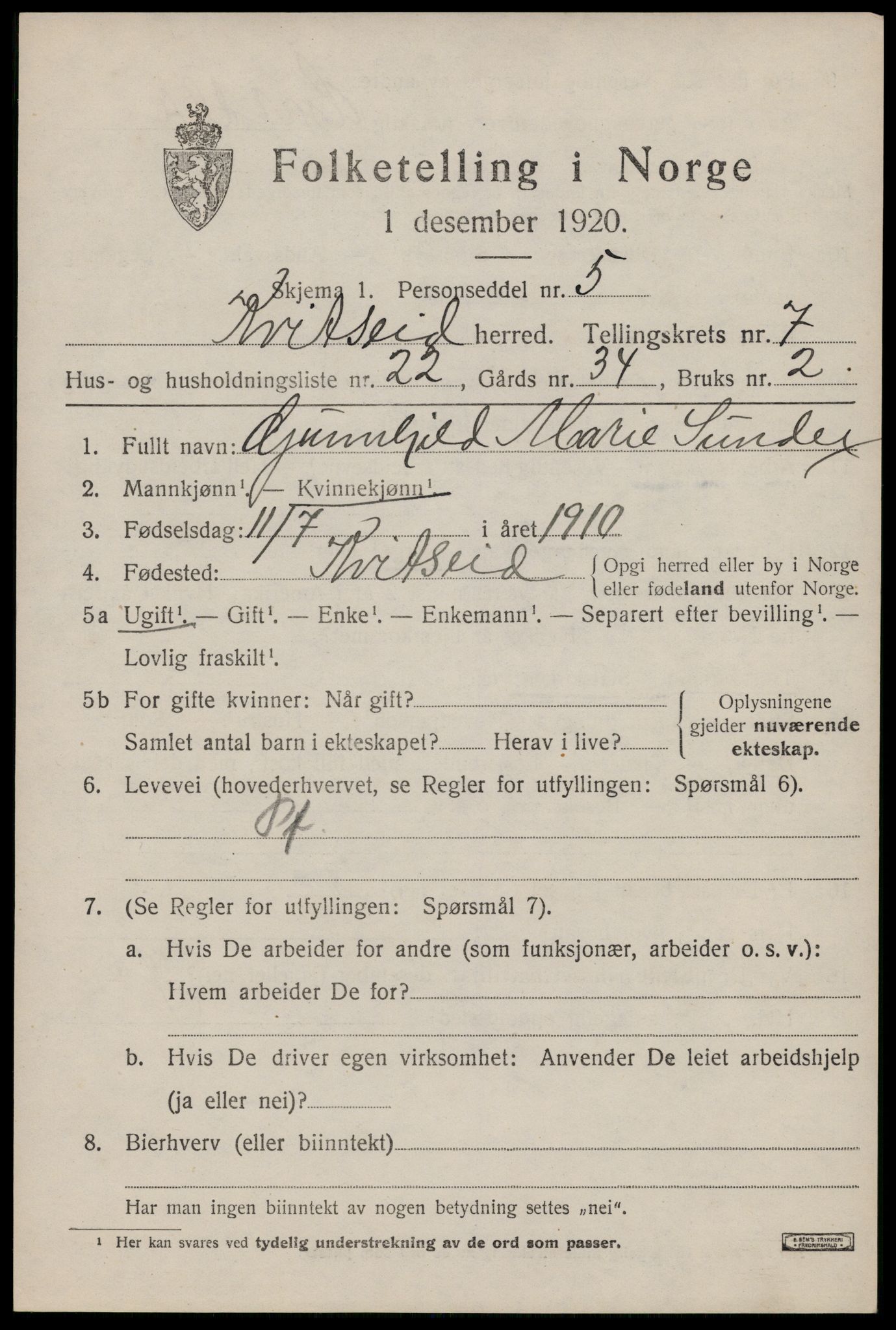 SAKO, Folketelling 1920 for 0829 Kviteseid herred, 1920, s. 3713